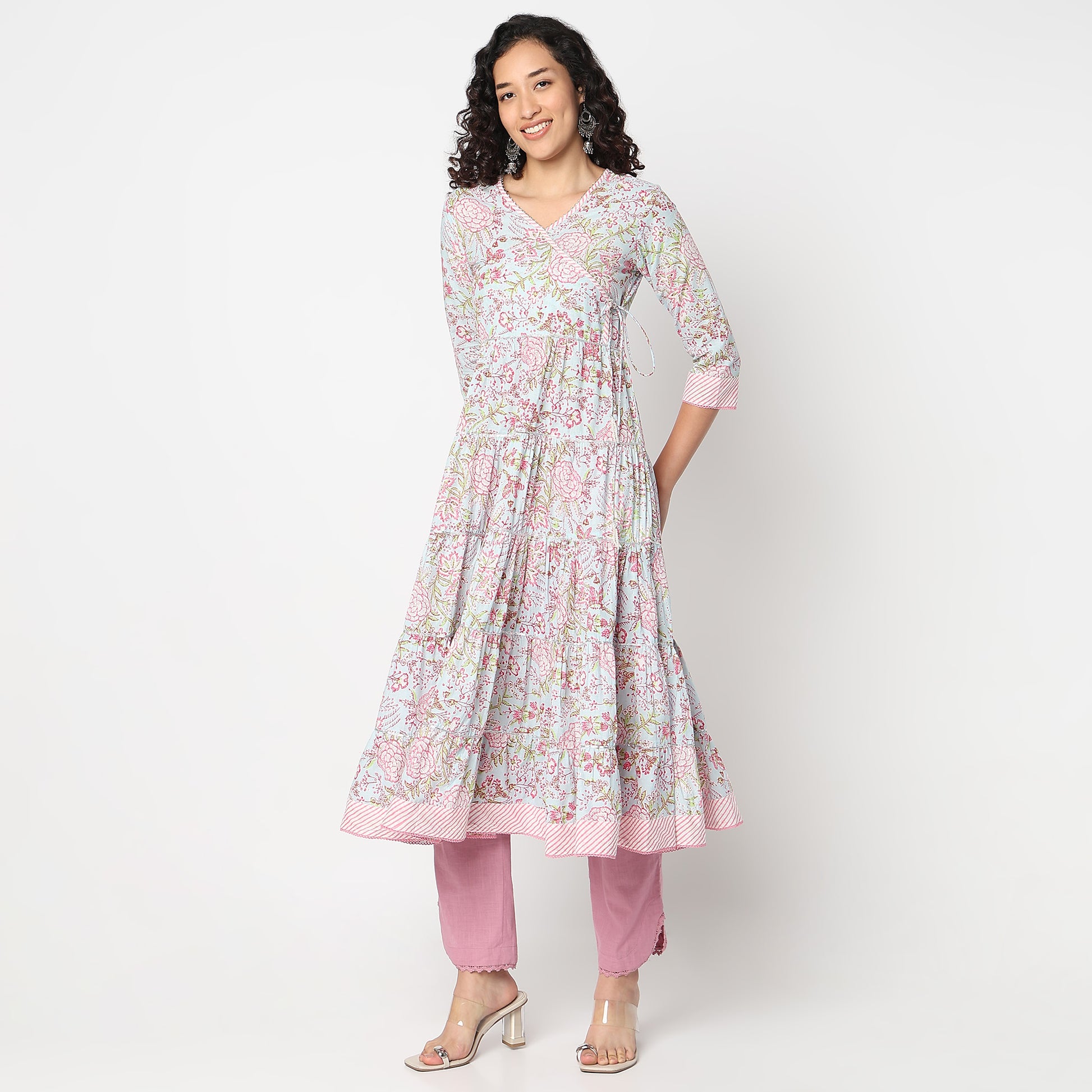 Flare Fit V-Neck Printed Kurta 