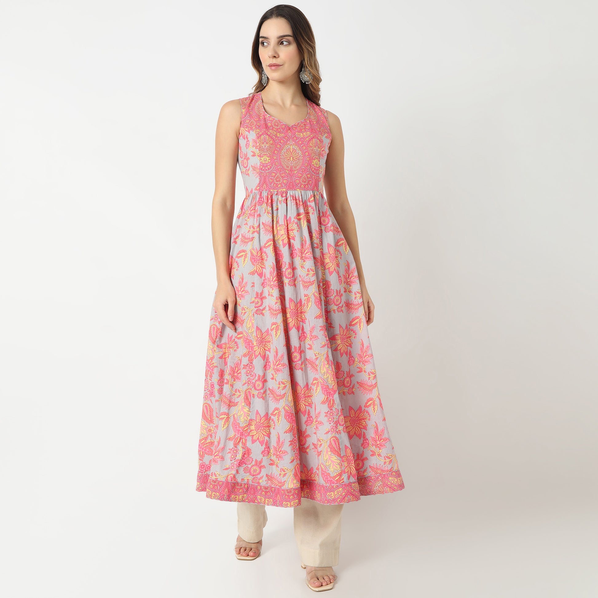 Flare Fit Printed Sweatheart Neck Kurta