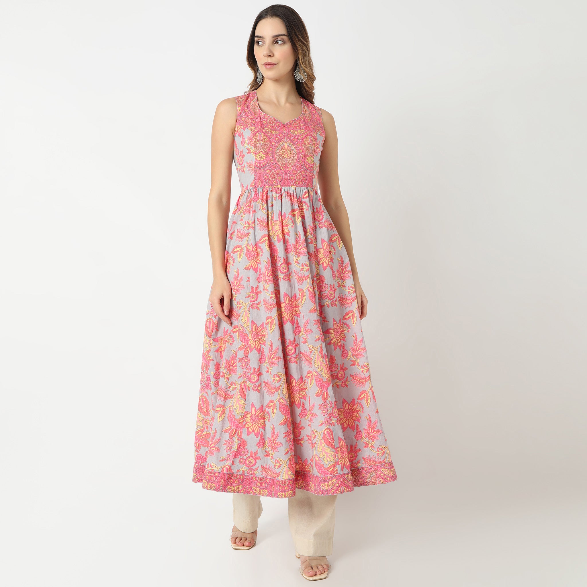 Flare Fit Printed Sweatheart Neck Kurta