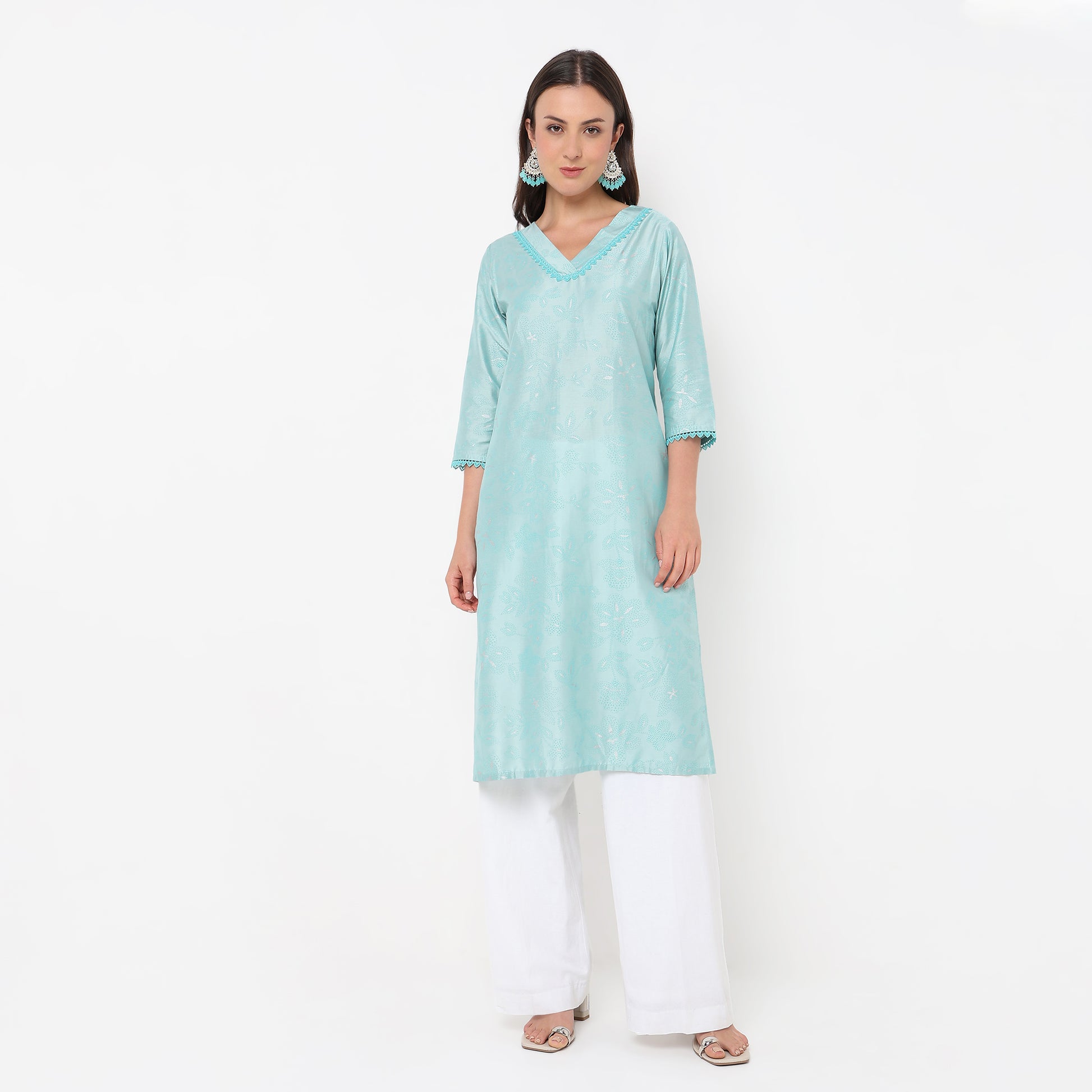 Flare Fit V-Neck Printed Kurta 