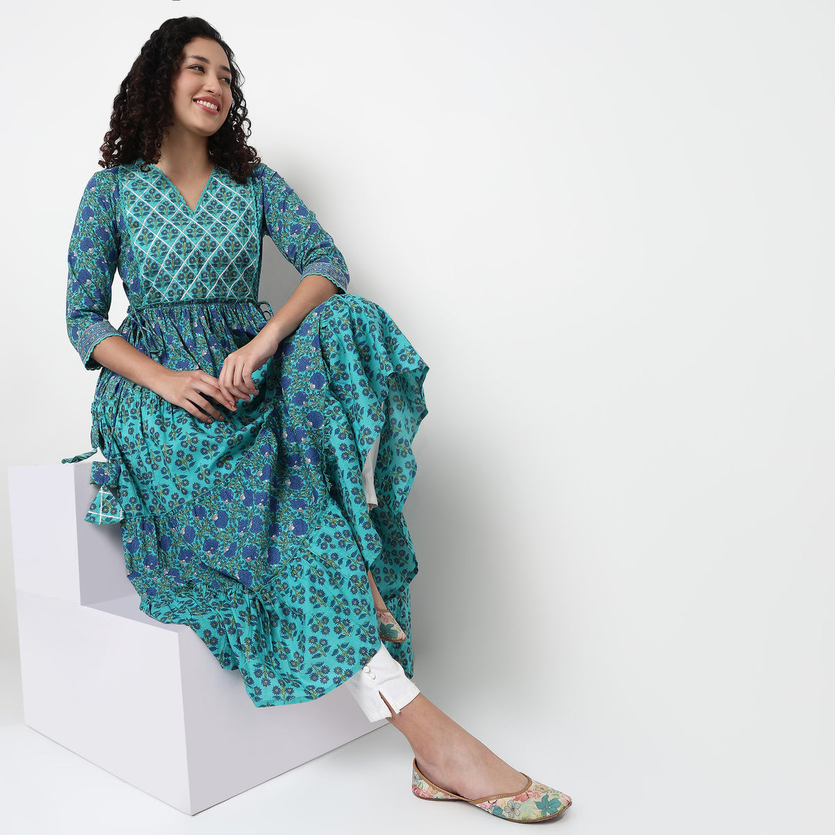 V-Neck Printed Cotton Flared Kurta