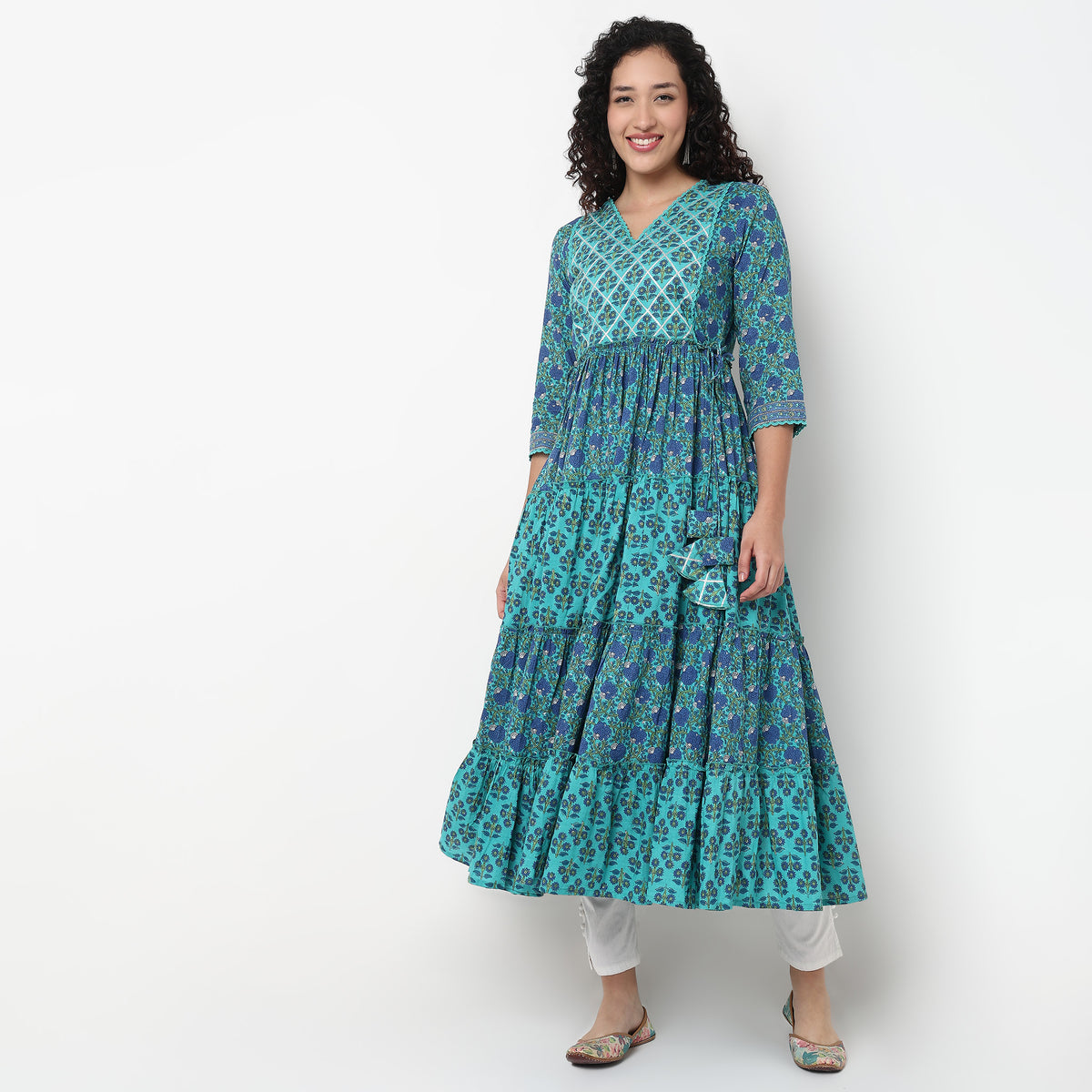 V-Neck Printed Cotton Flared Kurta