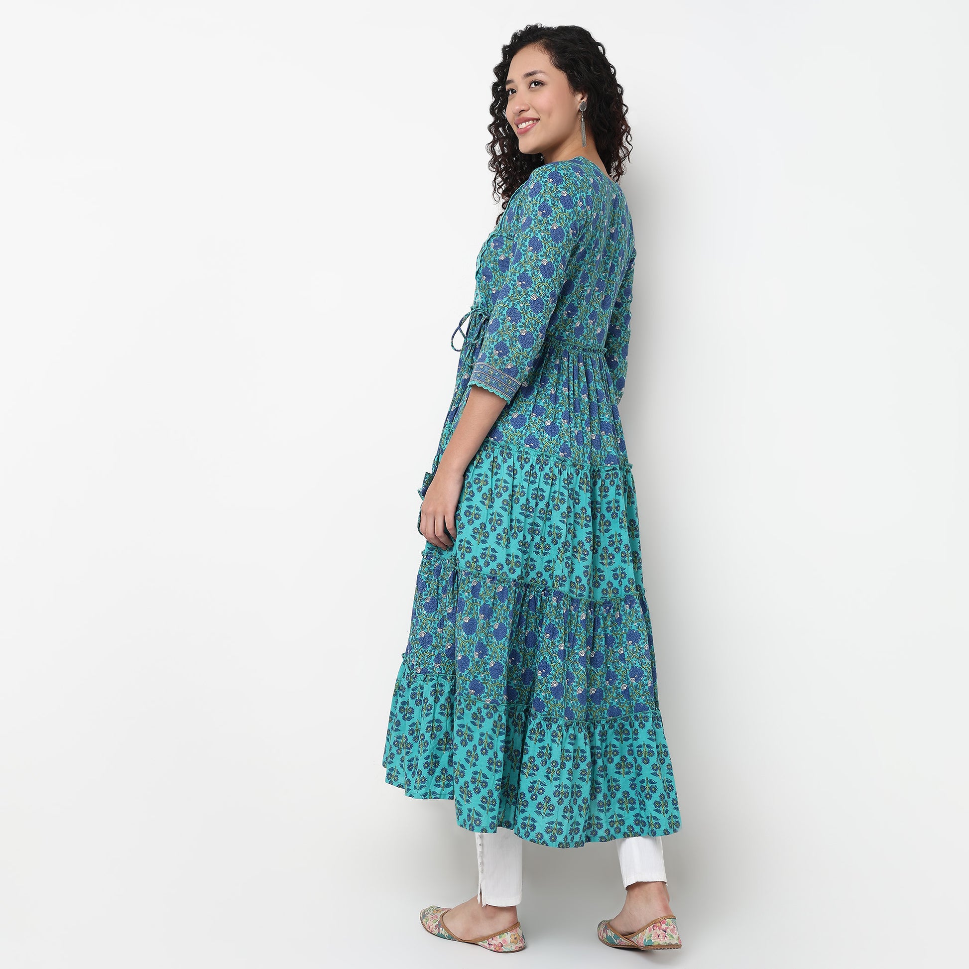 V-Neck Printed Cotton Flared Kurta