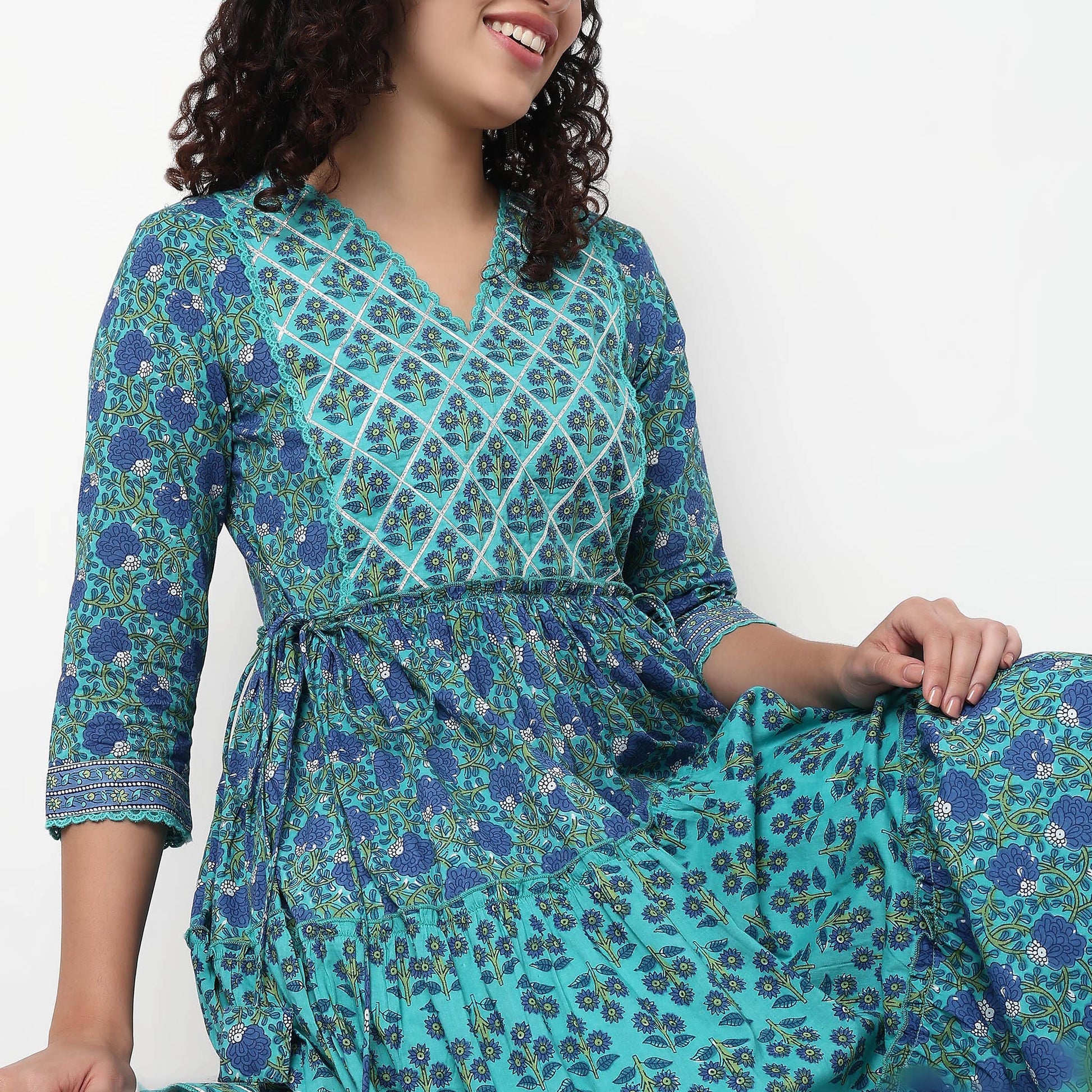 V-Neck Printed Cotton Flared Kurta