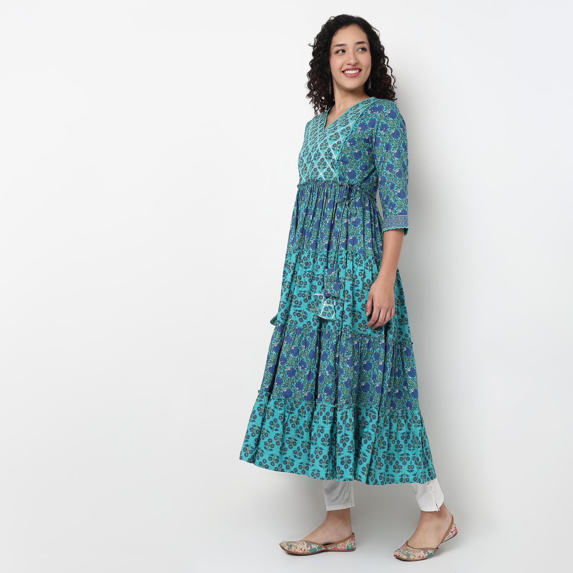 V-Neck Printed Cotton Flared Kurta