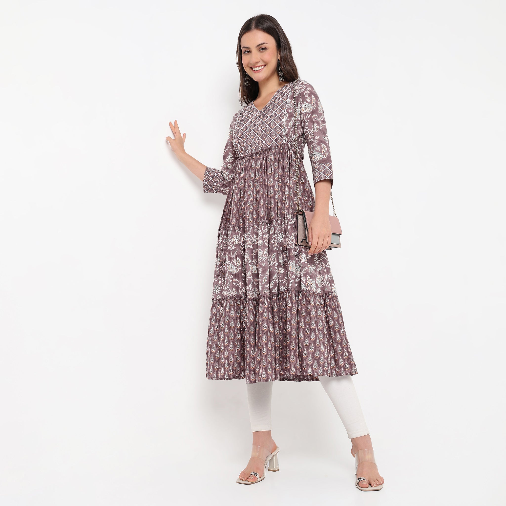 Flare Fit V-Neck Printed Kurta 