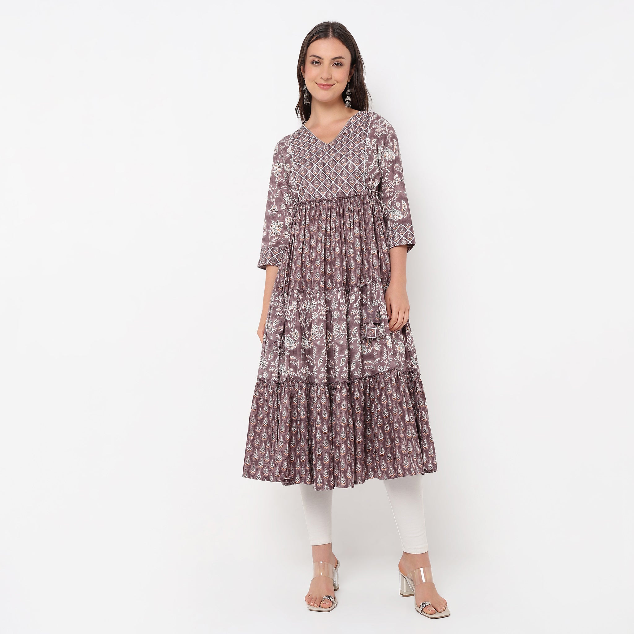 Flare Fit V-Neck Printed Kurta 