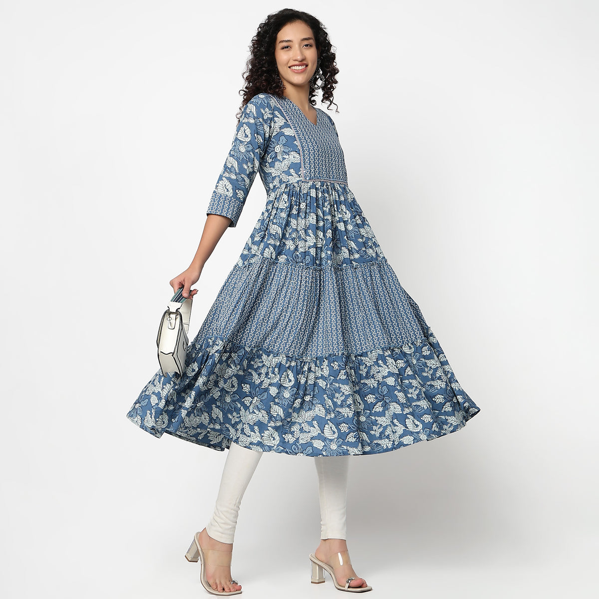 Flare Fit V-Neck Printed Kurta 