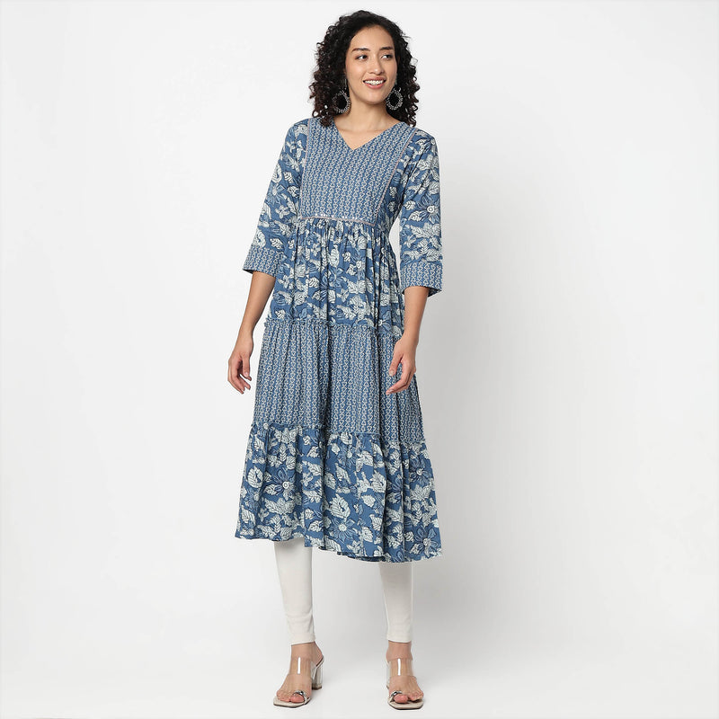 Flare Fit V-Neck Printed Kurta 