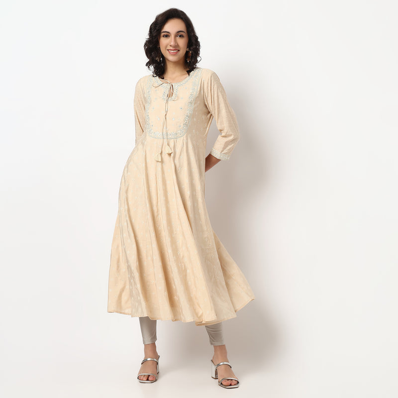 Buy Women Flare Fit Embroidered Three-Fourth Sleeve Kurta  - Style Union