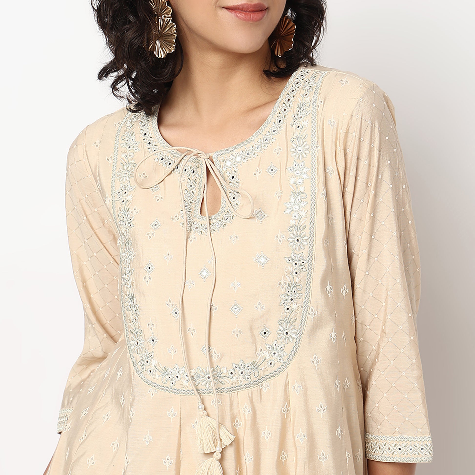 Buy Women Flare Fit Embroidered Three-Fourth Sleeve Kurta  - Style Union