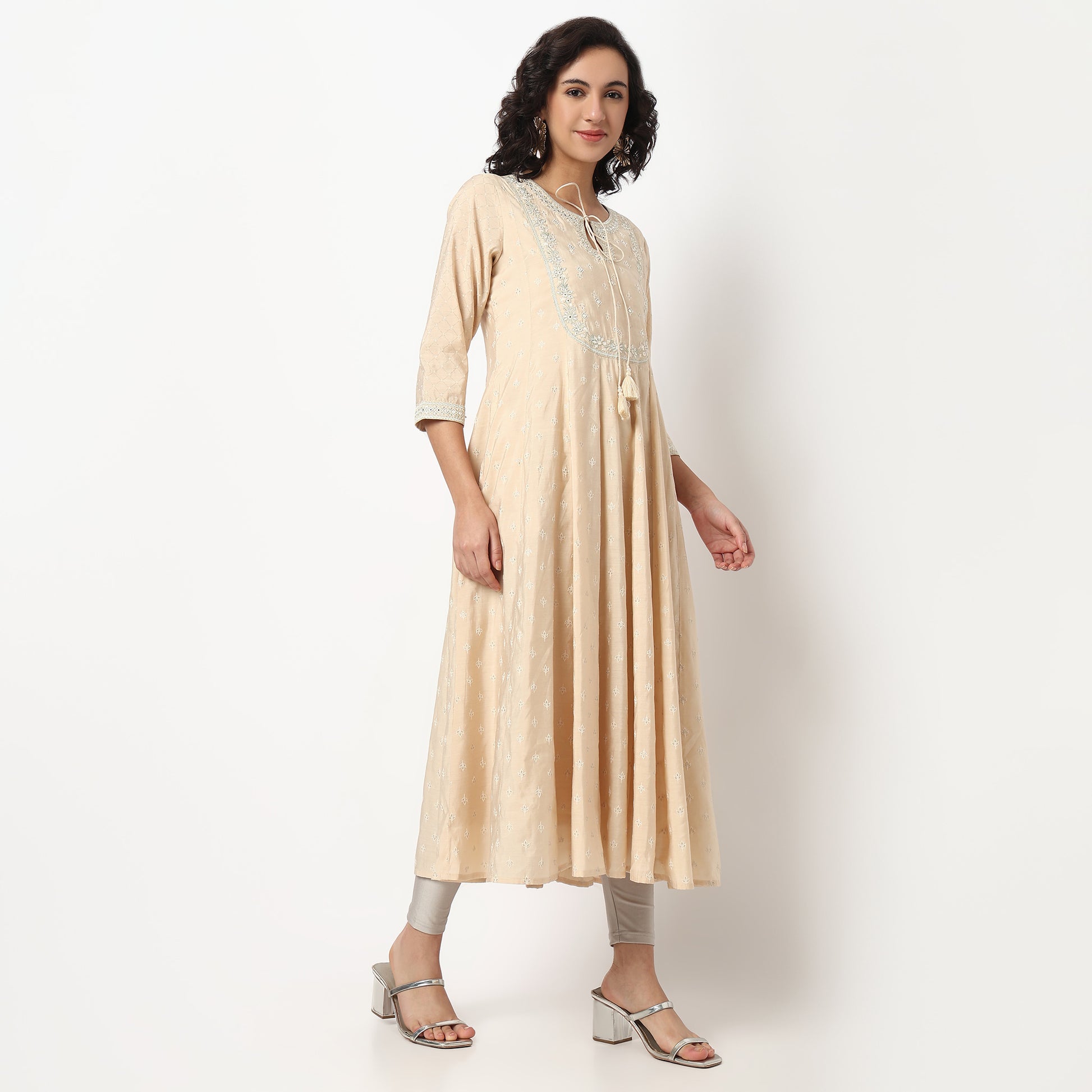 Buy Women Flare Fit Embroidered Three-Fourth Sleeve Kurta  - Style Union