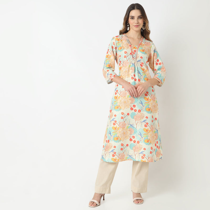 Flare Fit Printed V-Neck Kurta