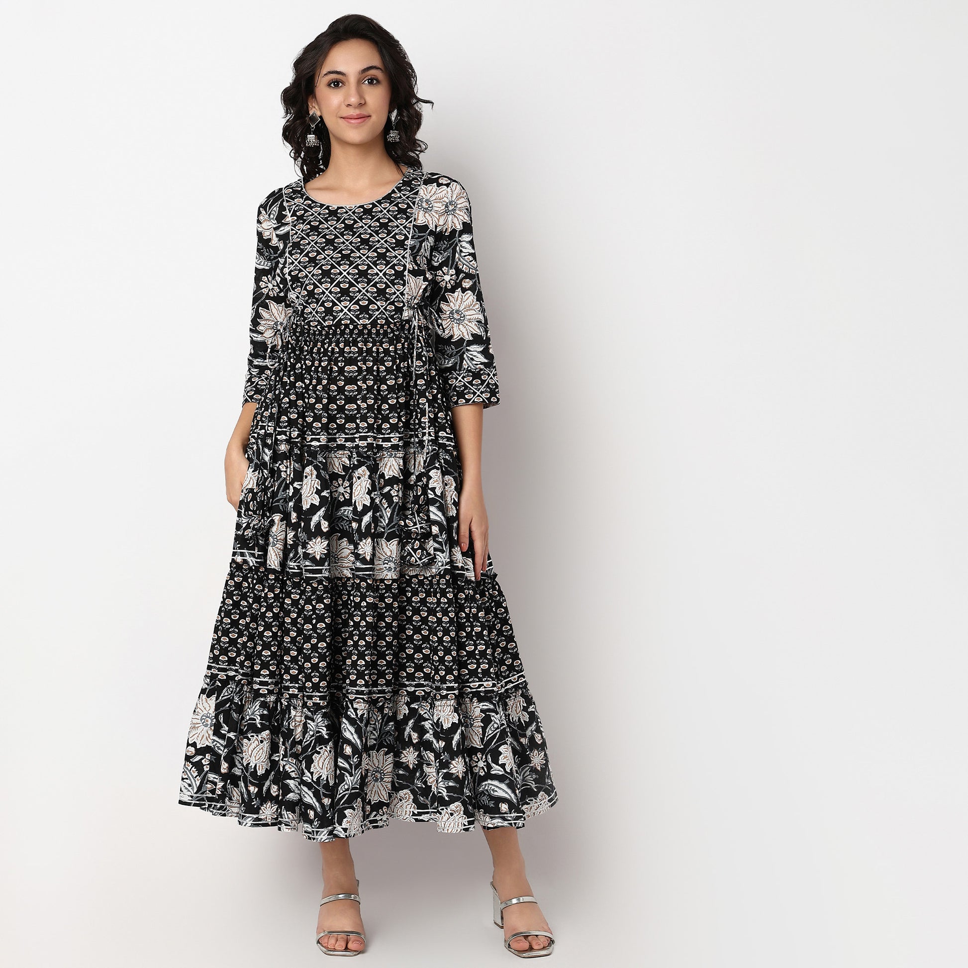 Floral Print Flared Tiered Kurta