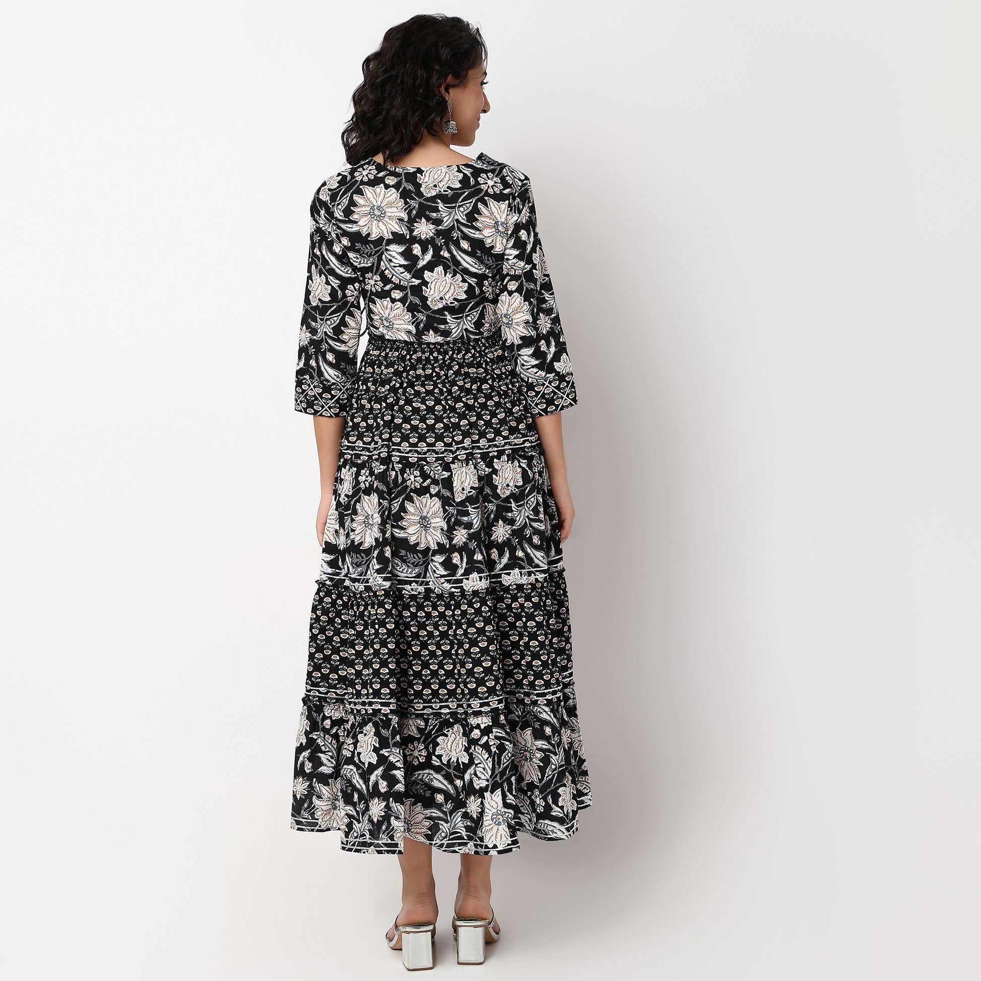 Floral Print Flared Tiered Kurta