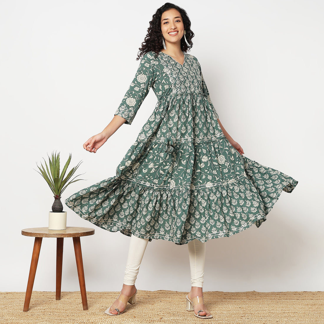 Flare Fit V-Neck Printed Kurta 