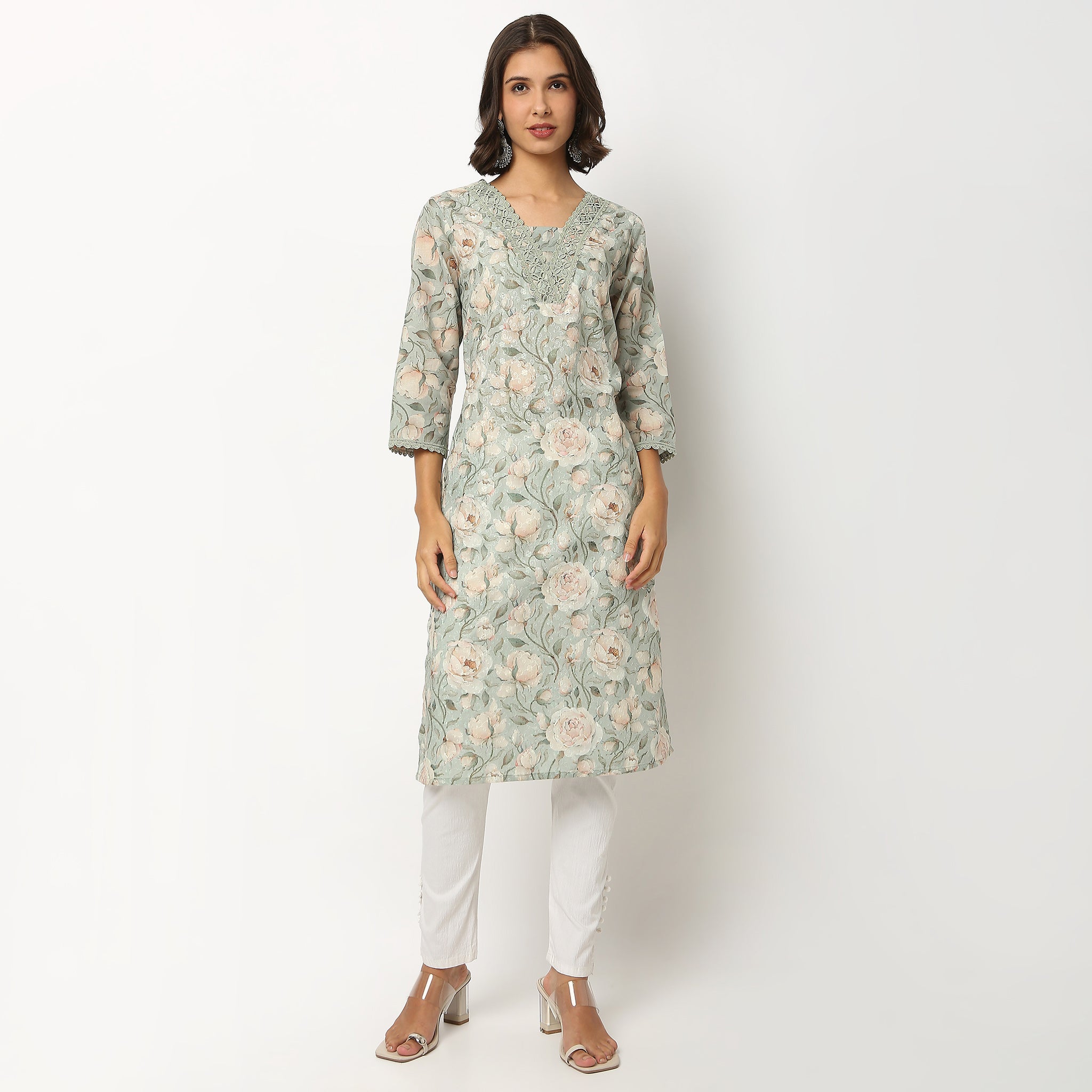 Buy Women Straight Fit Printed Three-Fourth Sleeve Kurta  - Style Union