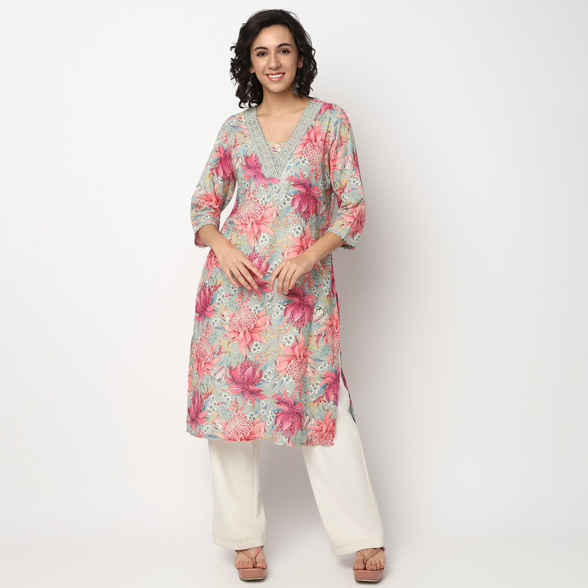 Buy Women Straight Fit Printed Three-Fourth Sleeve Kurta  - Style Union