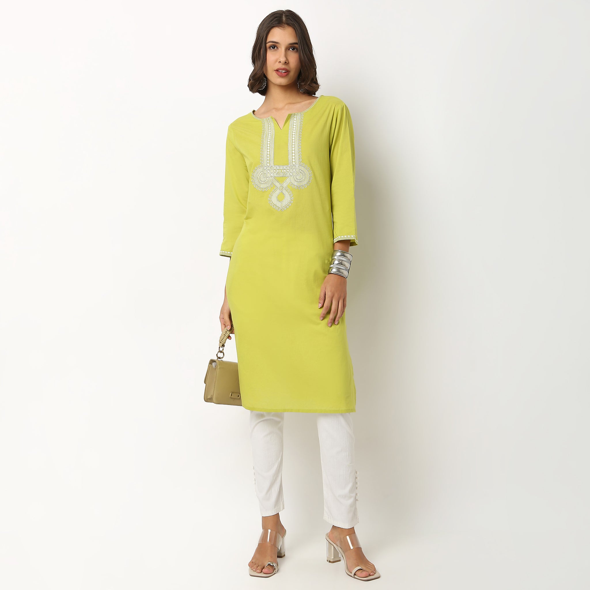 Buy Women Straight Fit Embroidered Three-Fourth Sleeve Kurta  - Style Union