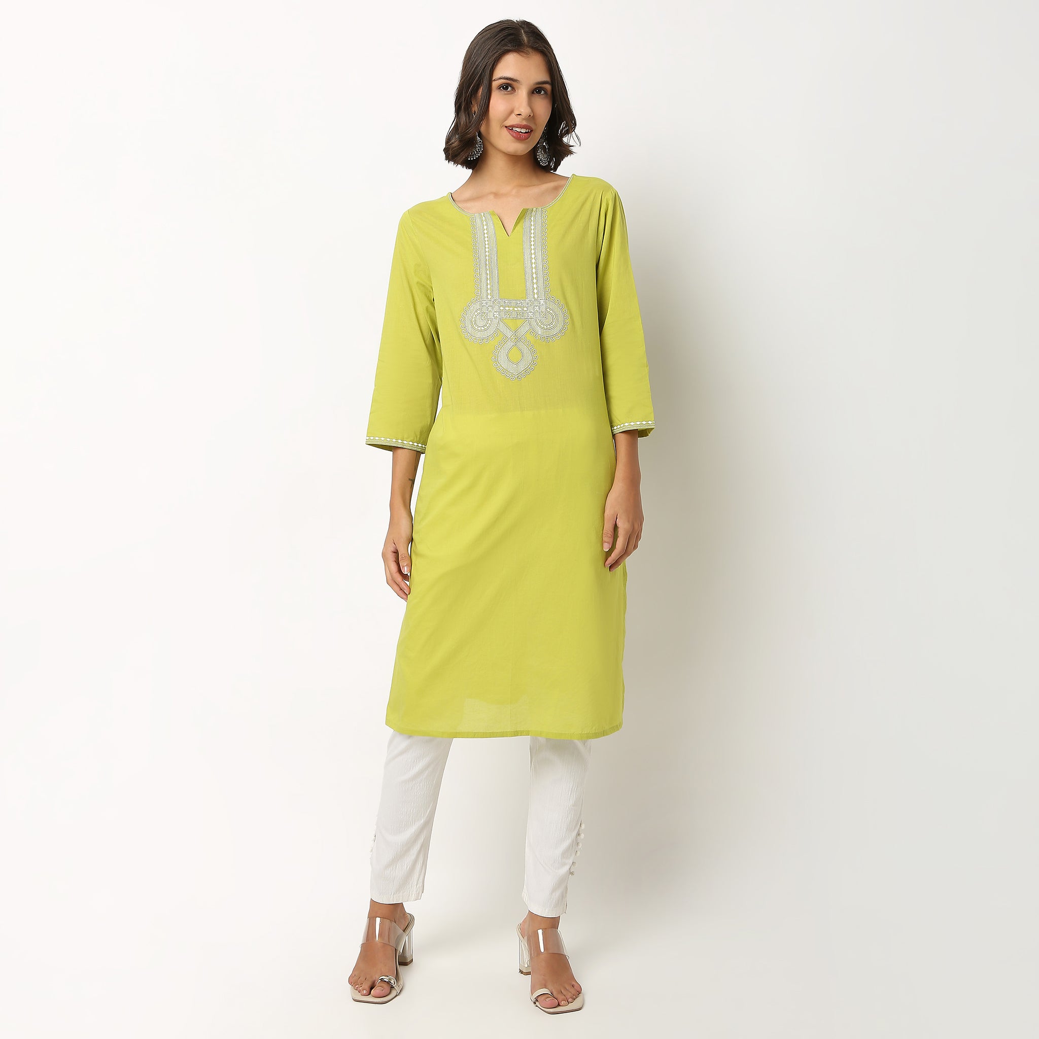 Buy Women Straight Fit Embroidered Three-Fourth Sleeve Kurta  - Style Union