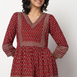 Buy Women Flare Fit Printed Three-Fourth Sleeve Kurta  - Style Union