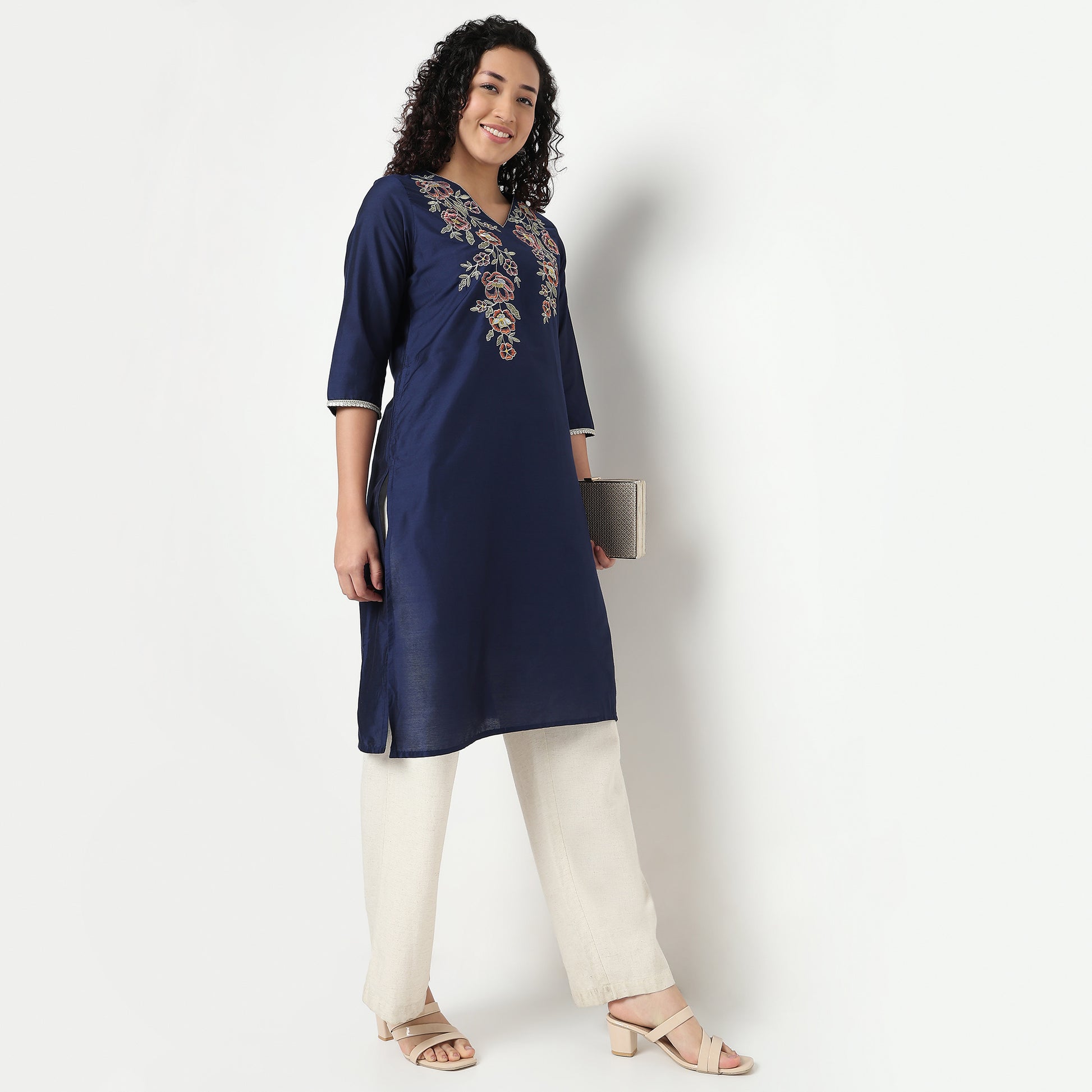 Buy Women Straight Fit Embroidered Three-Fourth Sleeve Kurta  - Style Union