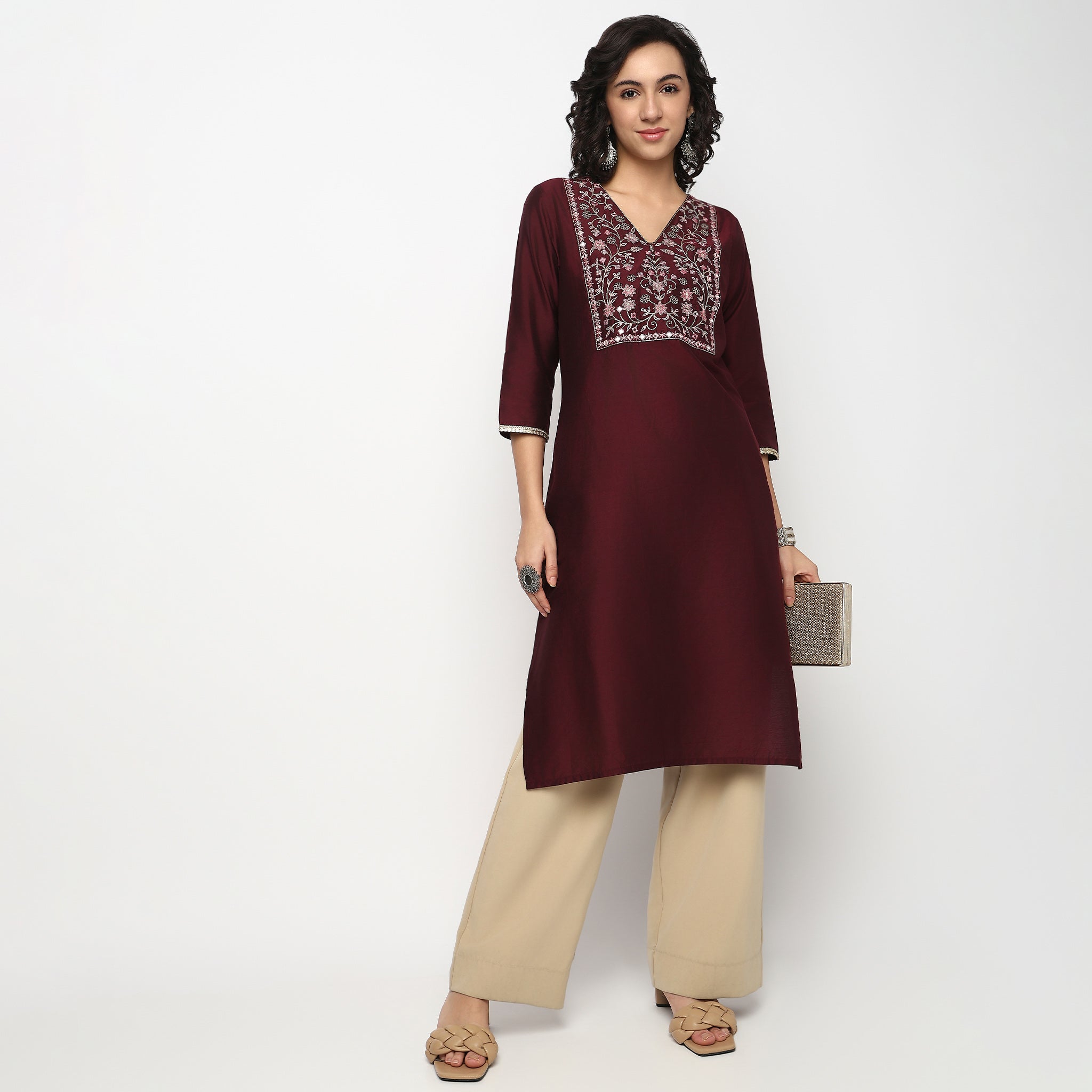 Buy Women Straight Fit Embroidered Three-Fourth Sleeve Kurta  - Style Union