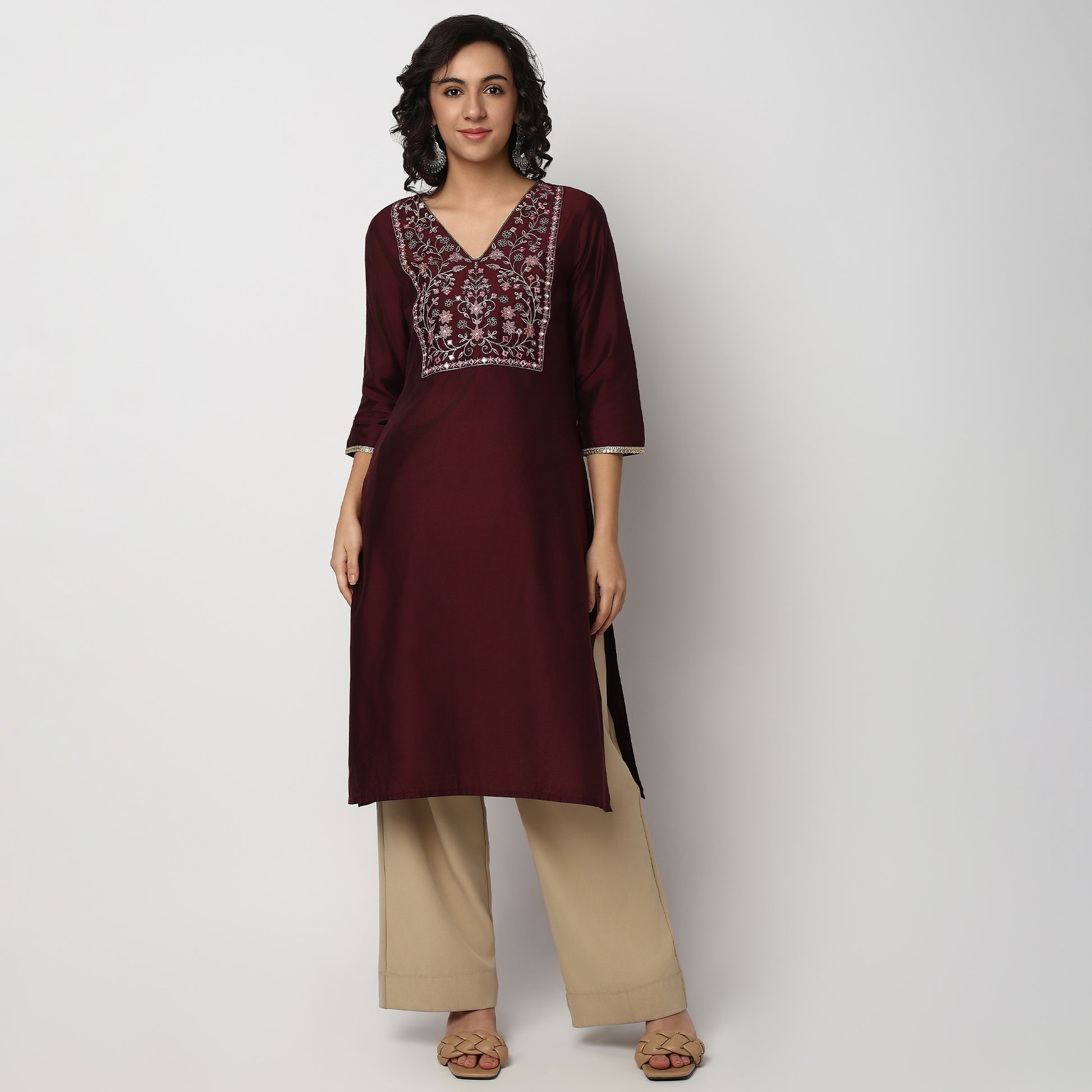 Buy Women Straight Fit Embroidered Three-Fourth Sleeve Kurta  - Style Union