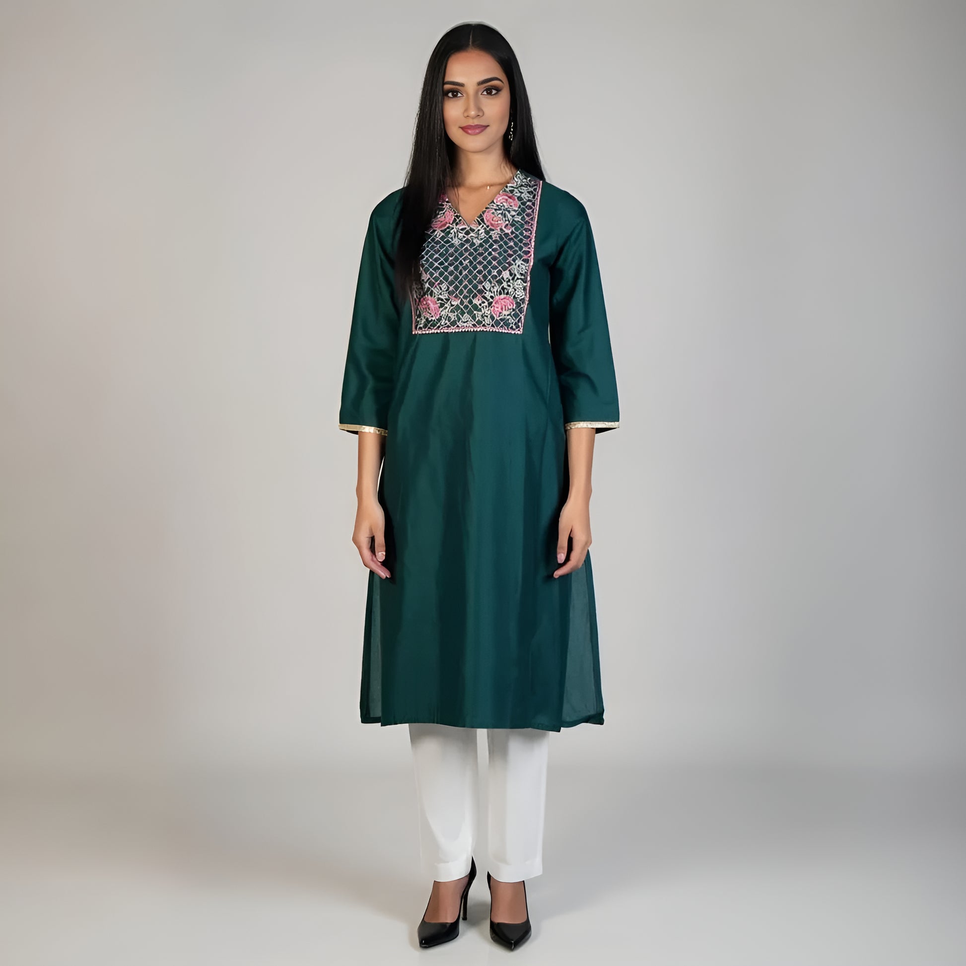 V-Neck Embroidered Straight Kurta
