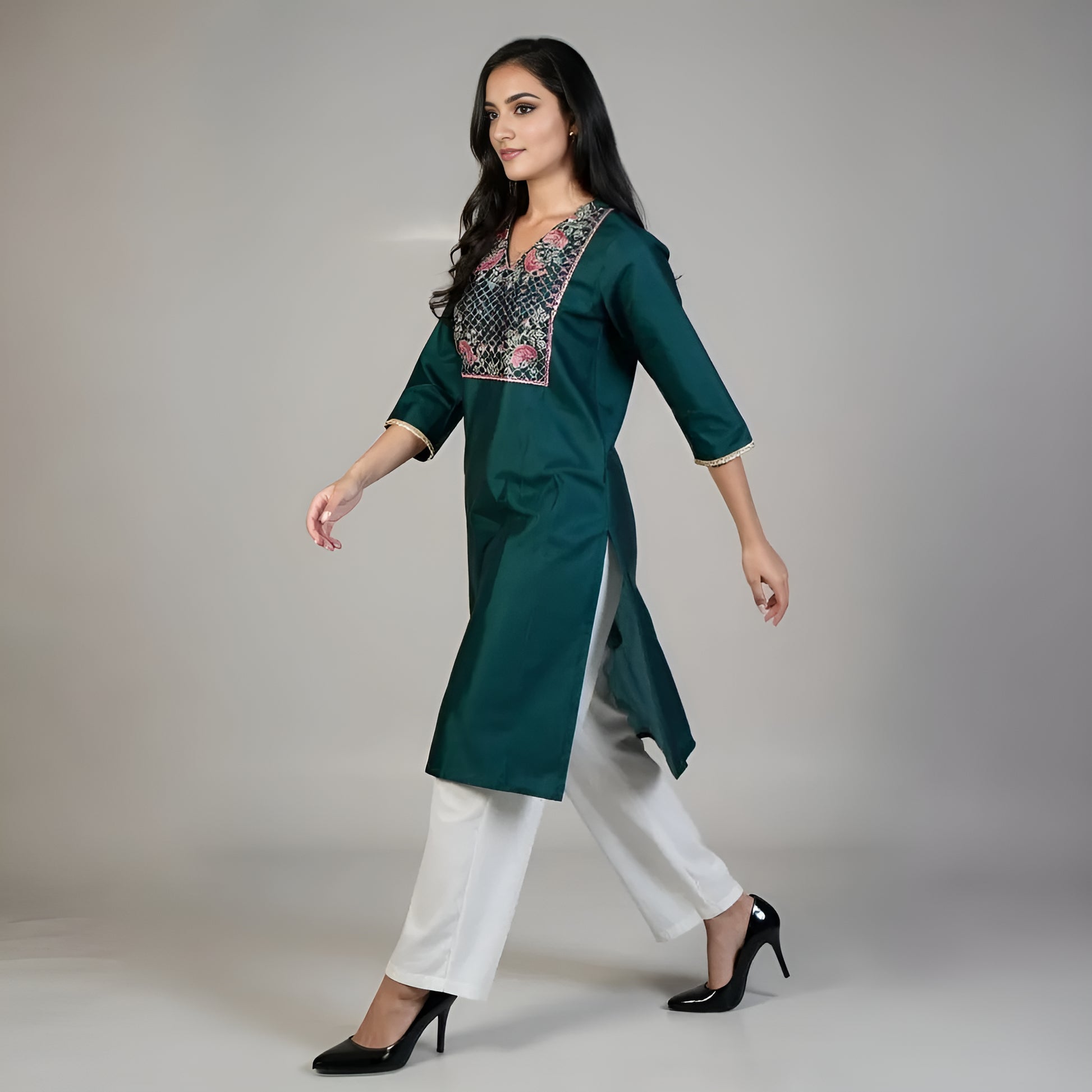 V-Neck Embroidered Straight Kurta