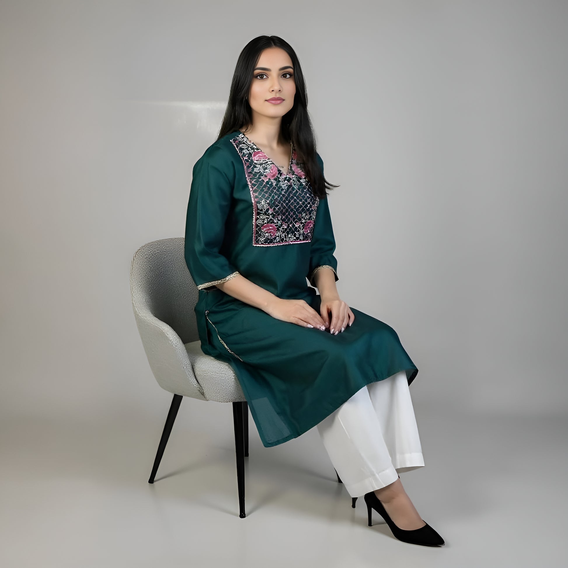 V-Neck Embroidered Straight Kurta