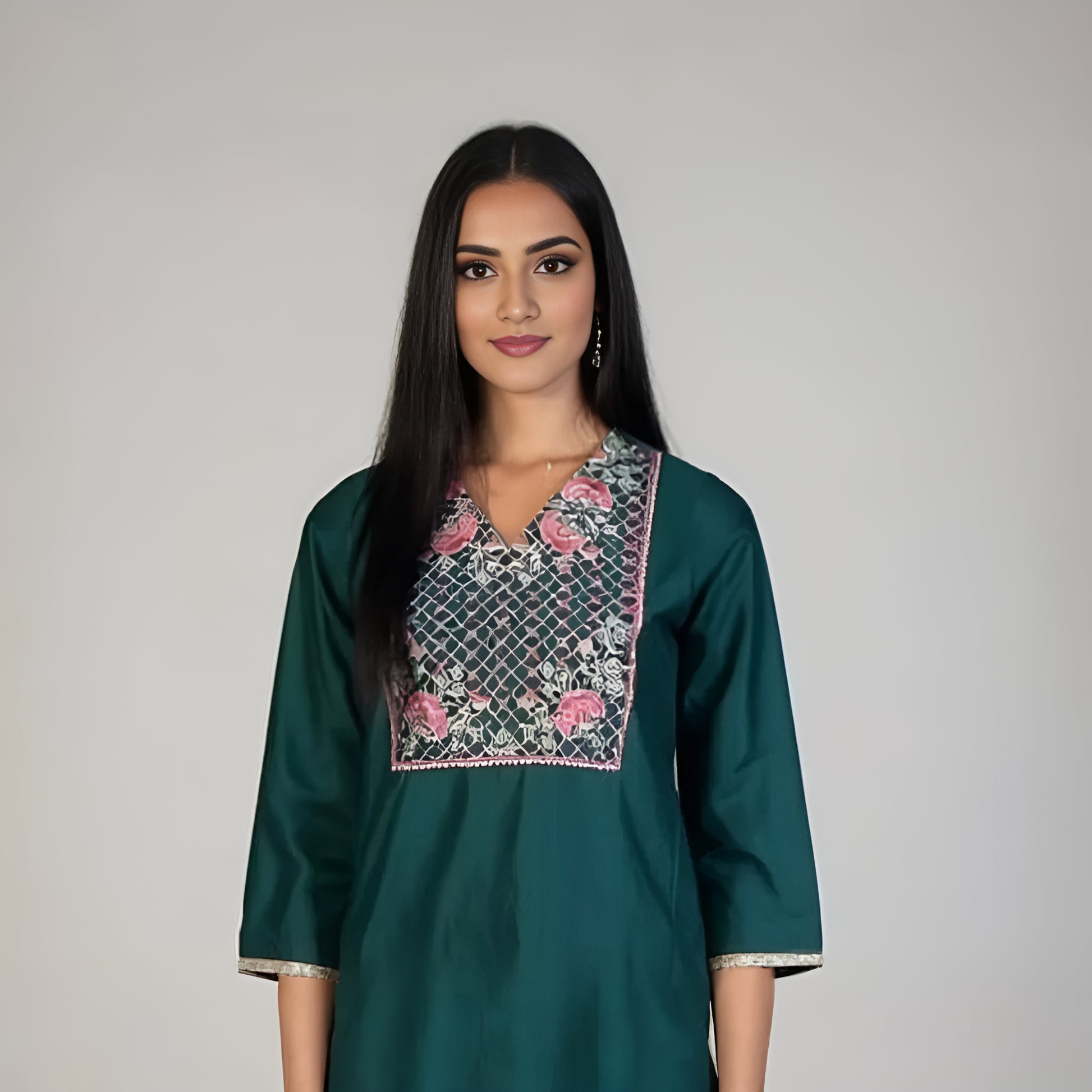 V-Neck Embroidered Straight Kurta