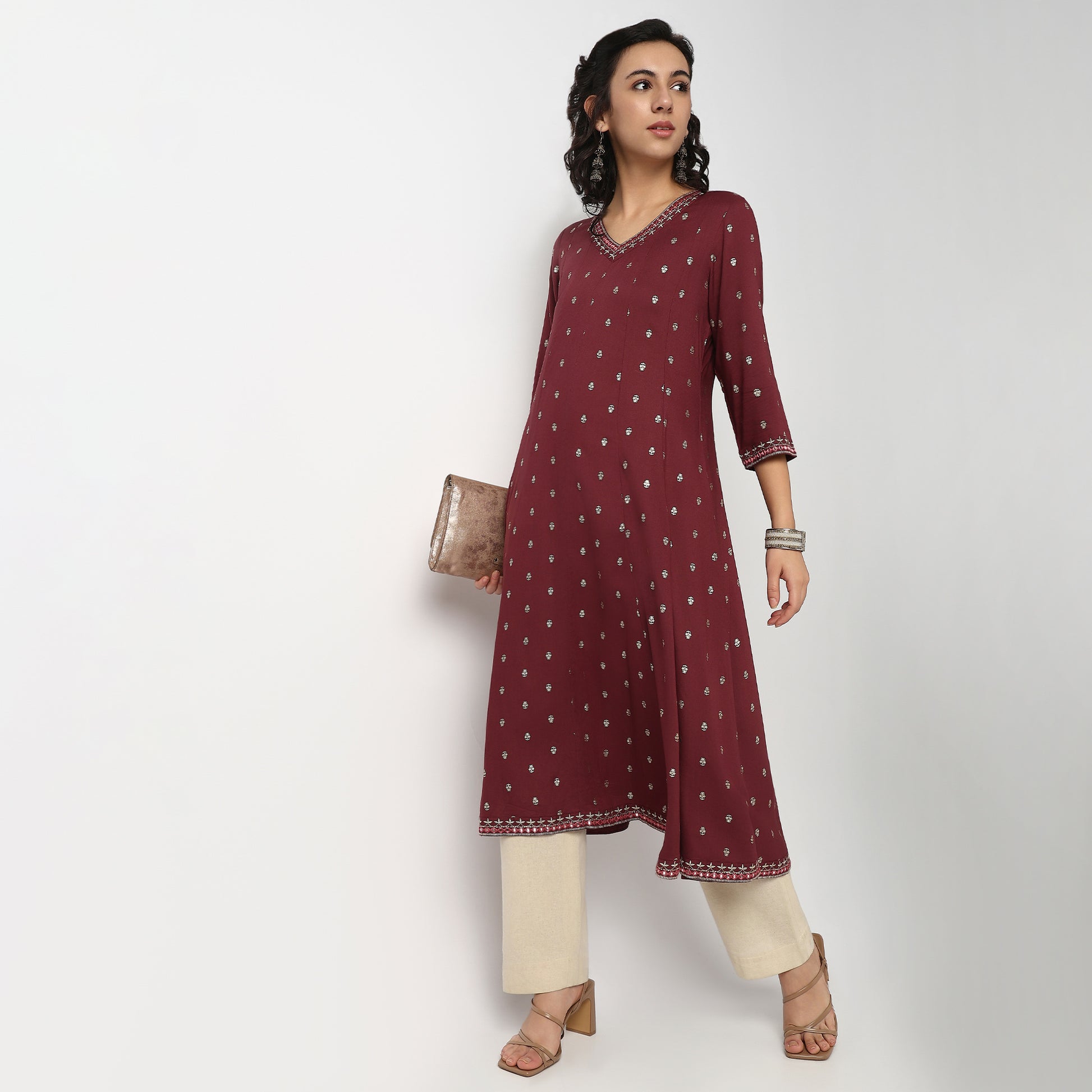 Buy Women Flare Fit Printed Three-Fourth Sleeve Kurta  - Style Union