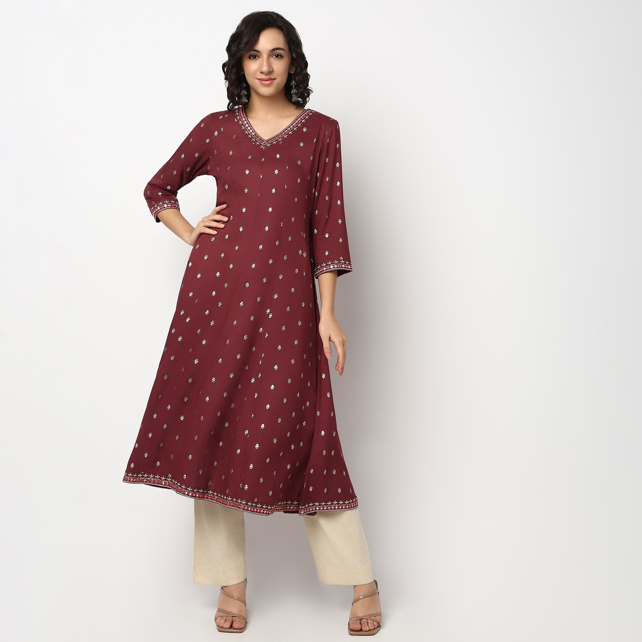 Buy Women Flare Fit Printed Three-Fourth Sleeve Kurta  - Style Union