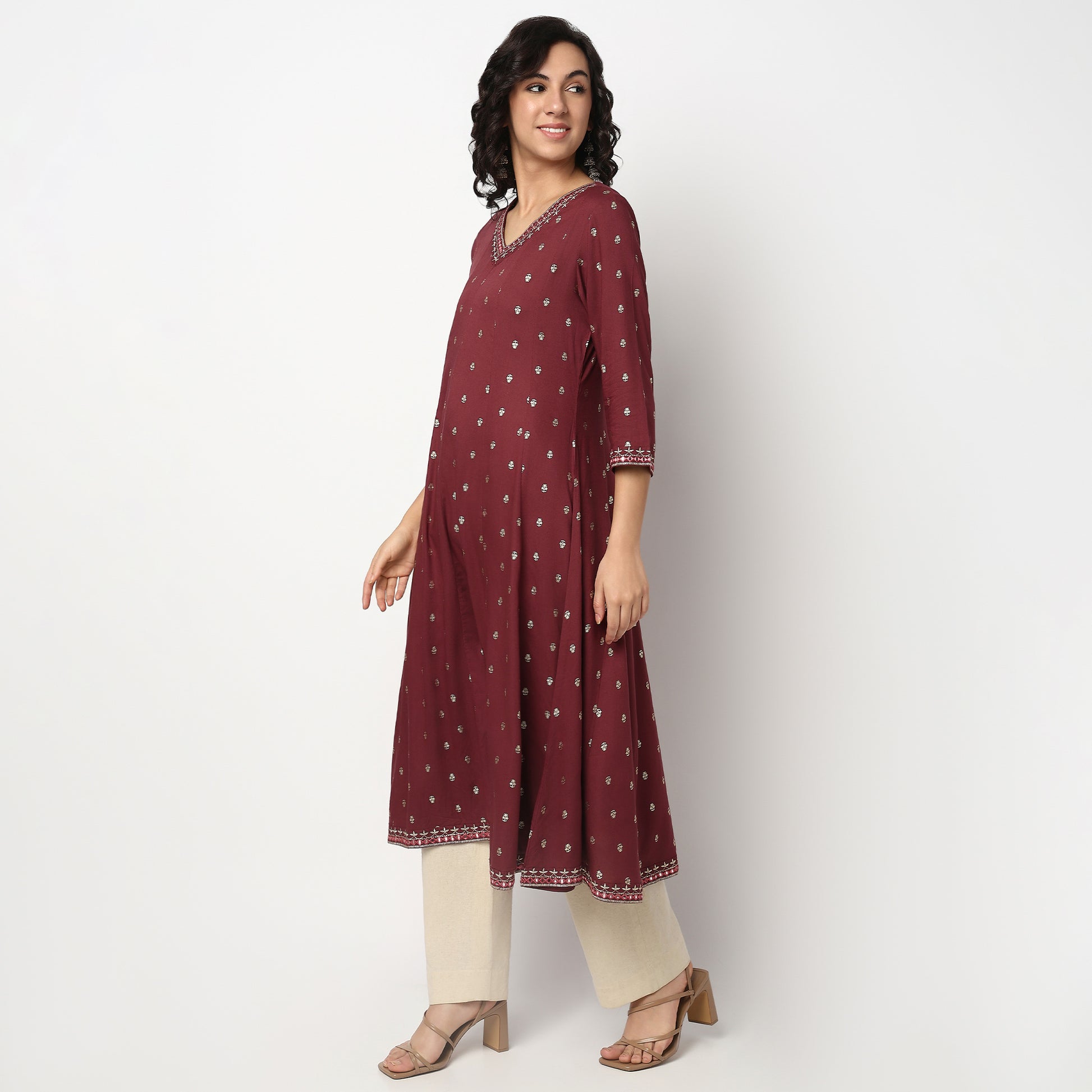 Buy Women Flare Fit Printed Three-Fourth Sleeve Kurta  - Style Union
