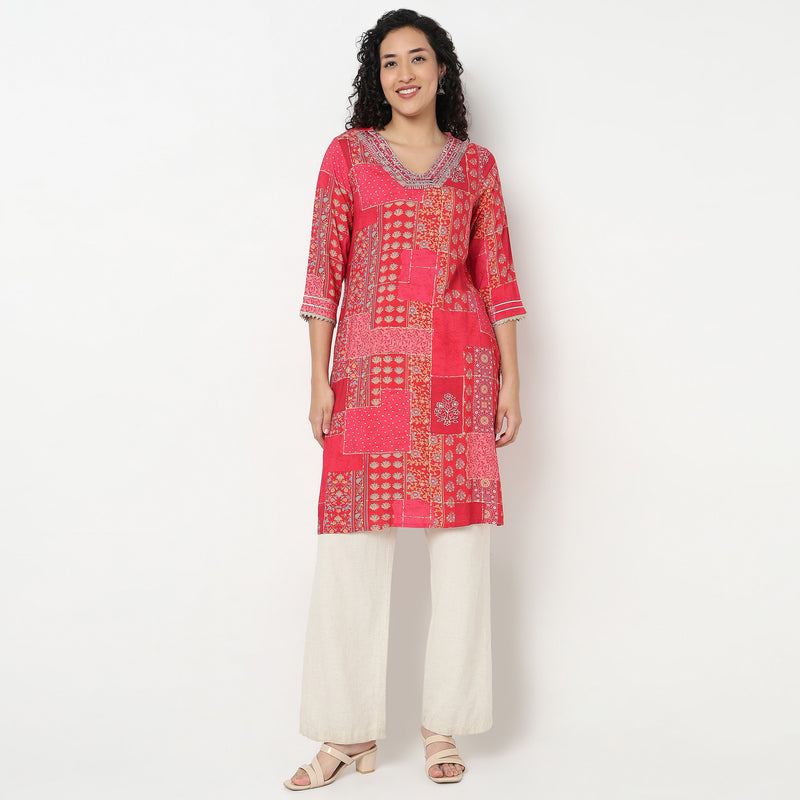 Buy Women Straight Fit Printed Three-Fourth Sleeve Kurta  - Style Union