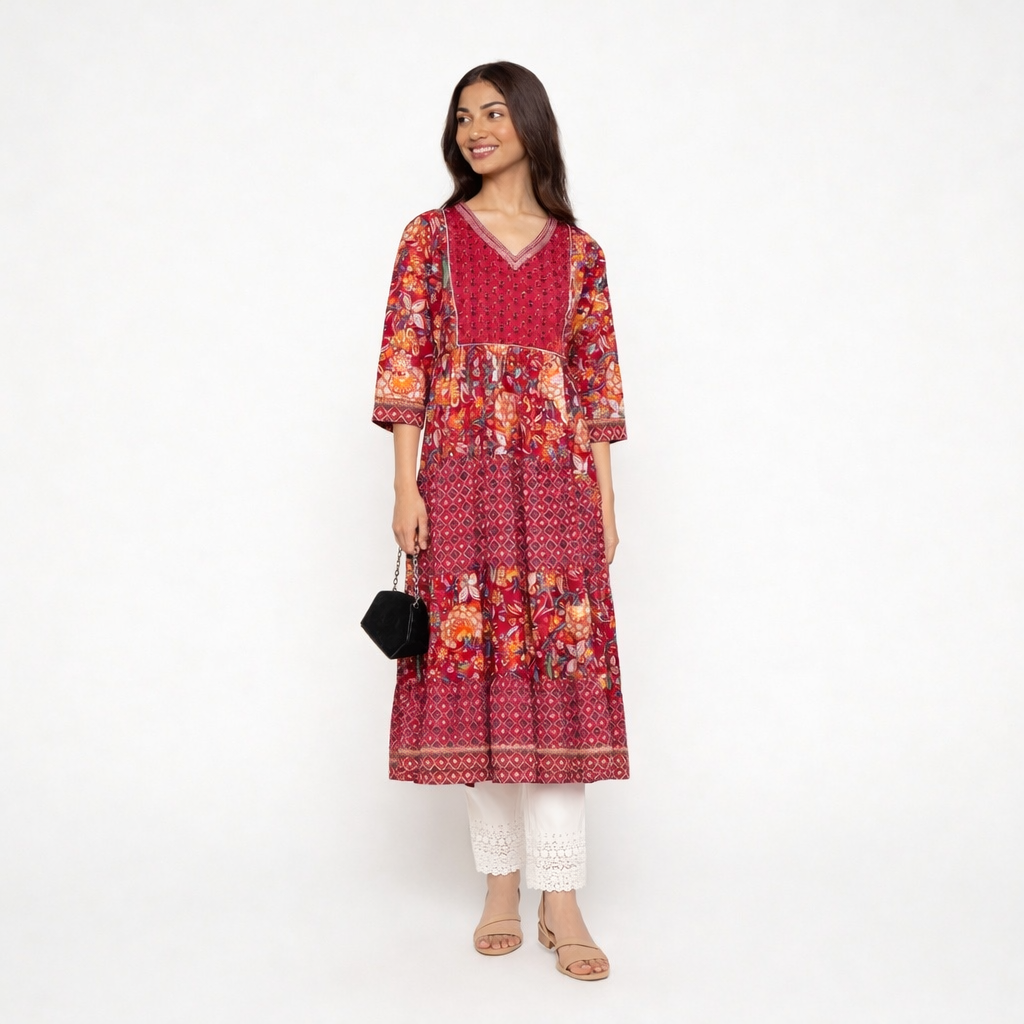 Cotton Printed V-Neck Flared Kurta