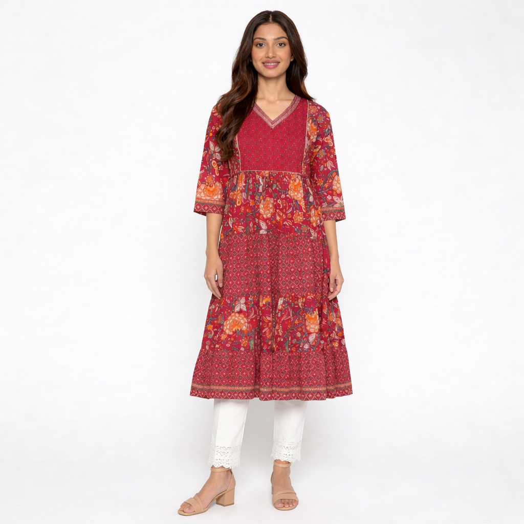 Cotton Printed V-Neck Flared Kurta