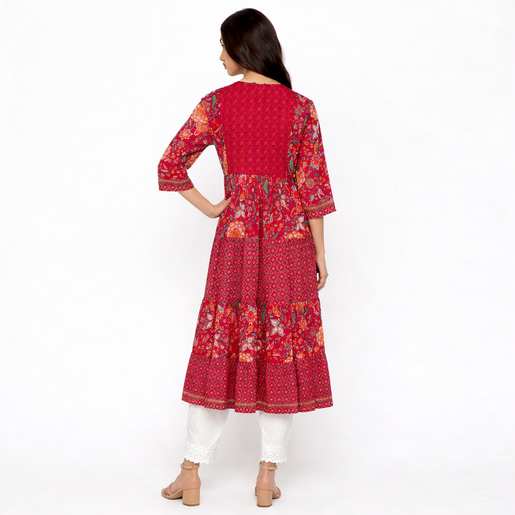 Cotton Printed V-Neck Flared Kurta