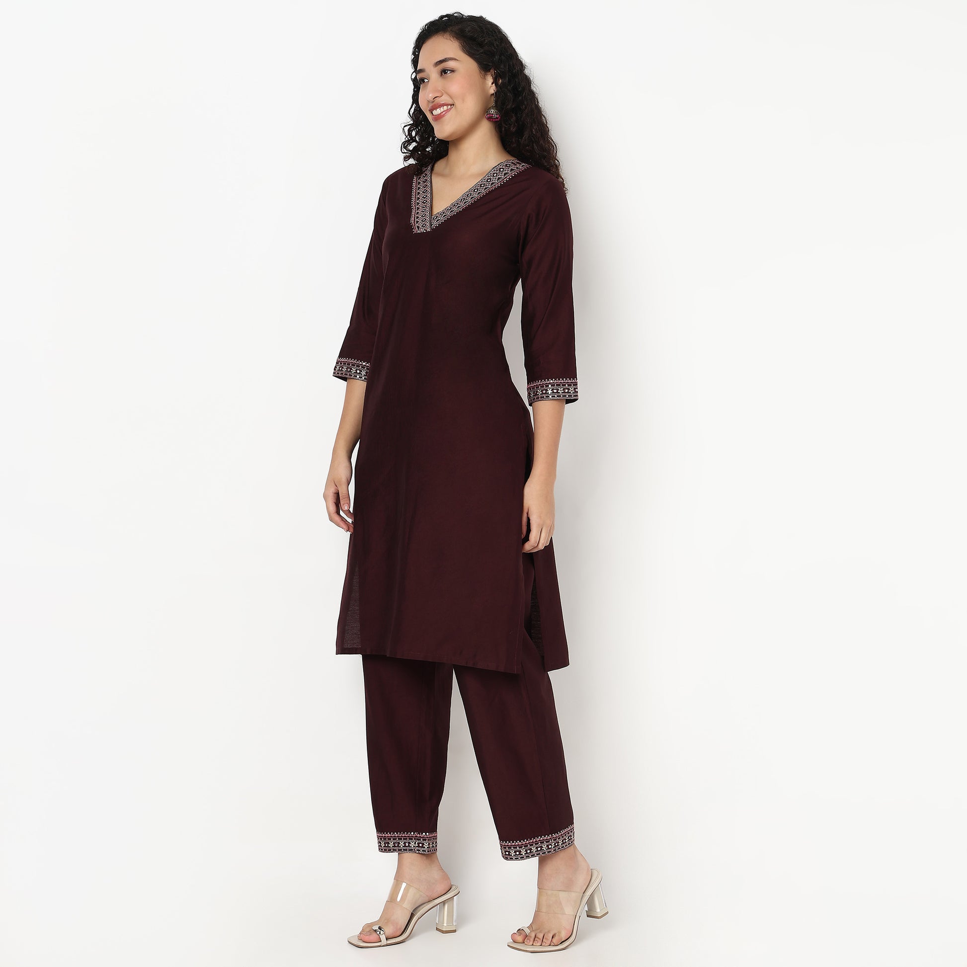 Embroidered V-Neck Straight Kurta