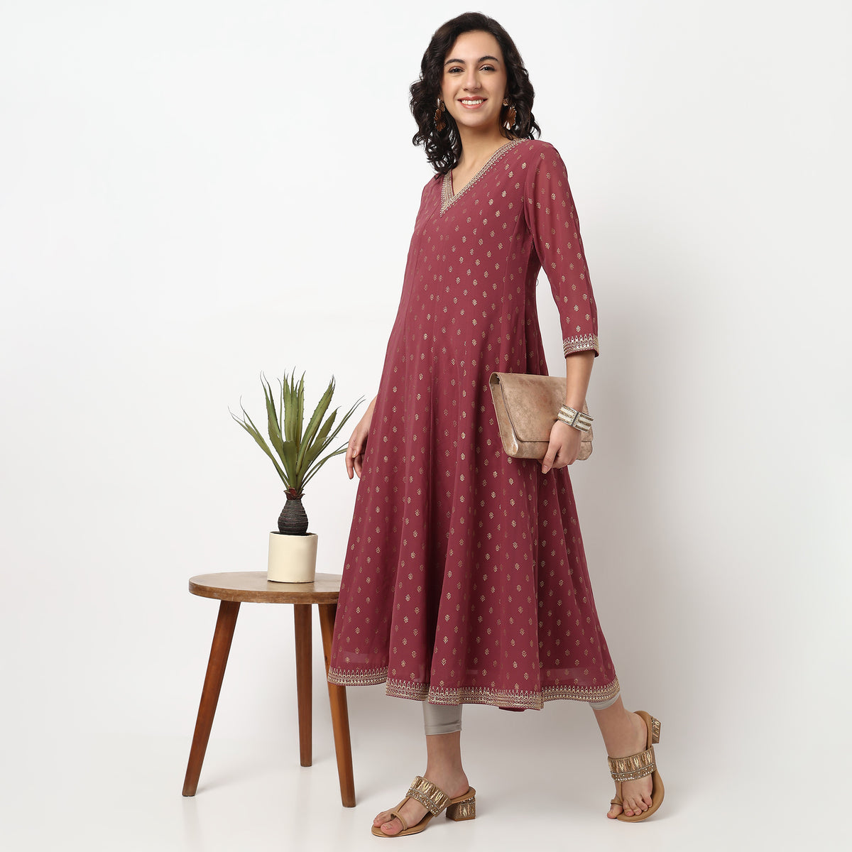 Buy Women Flare Fit Foil Print Three-Fourth Sleeve Kurta  - Style Union
