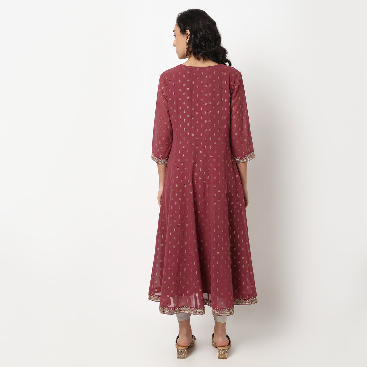 Buy Women Flare Fit Foil Print Three-Fourth Sleeve Kurta  - Style Union