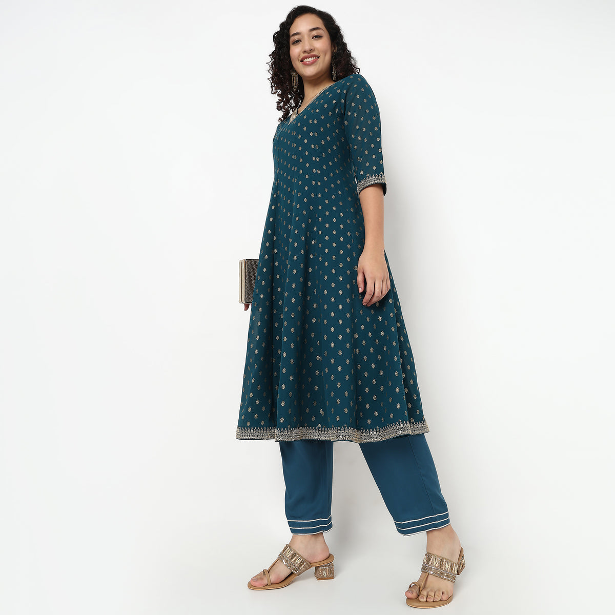 Foil Print V-Neck Flared Kurta