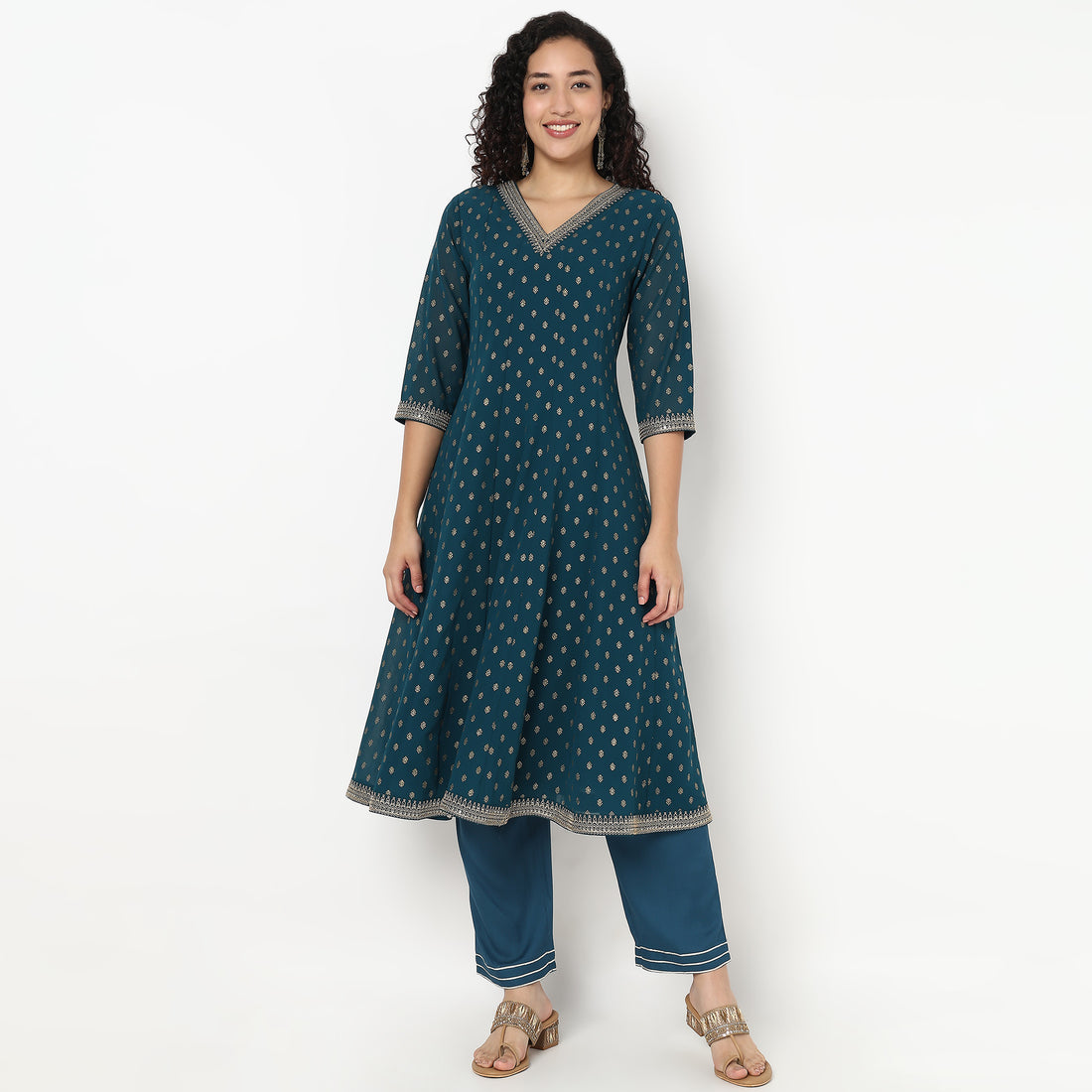 Foil Print V-Neck Flared Kurta