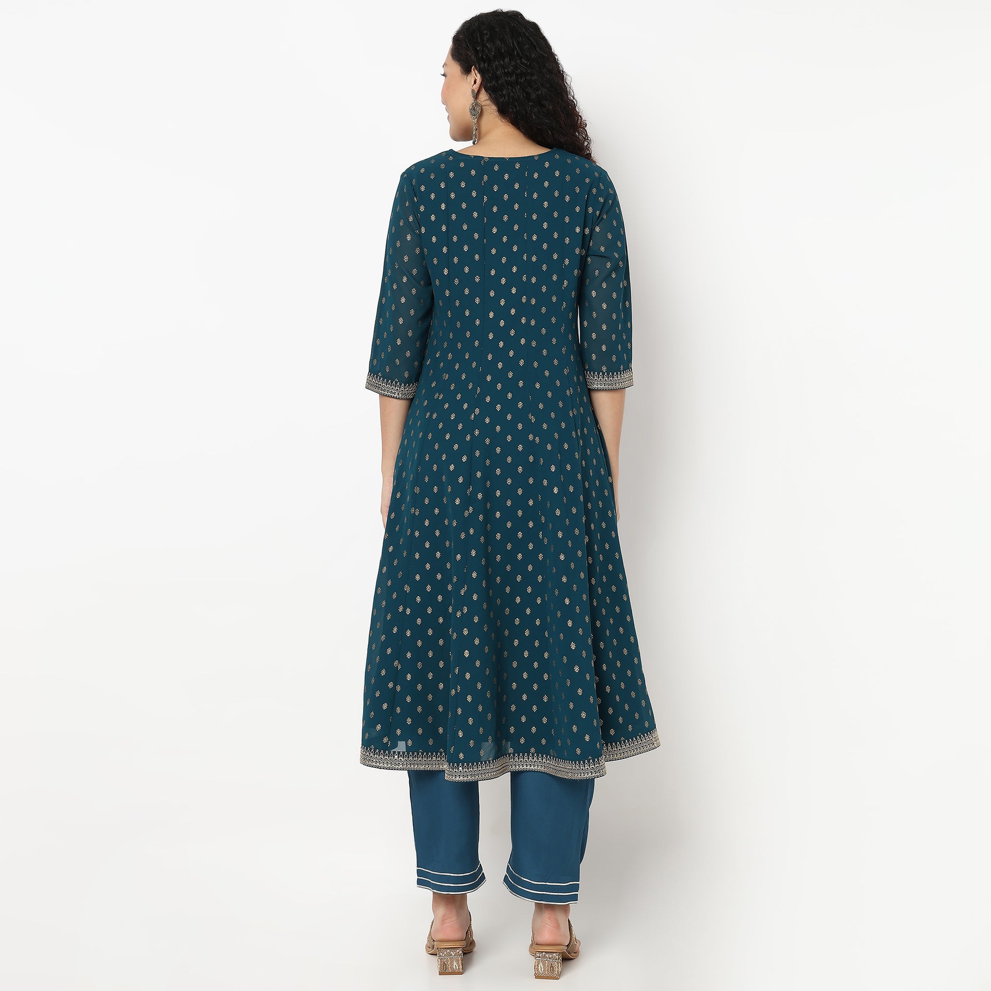 Foil Print V-Neck Flared Kurta