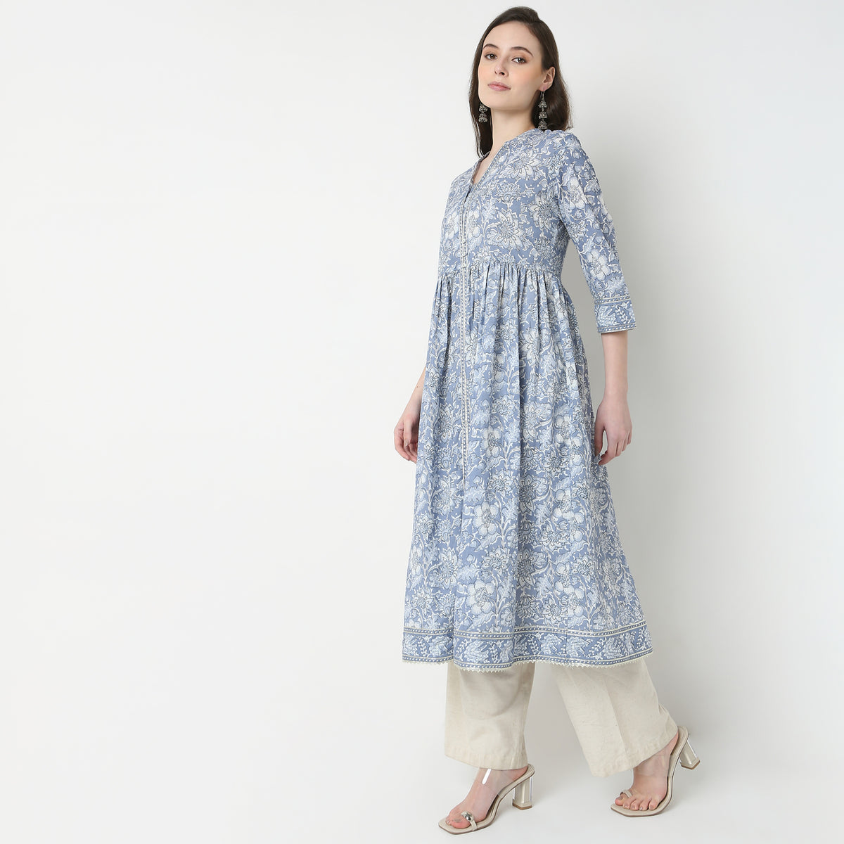 Printed V-Neck Flared Kurta