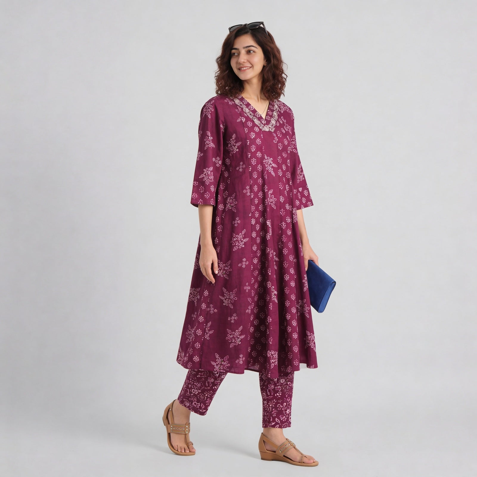 Cotton Printed V-Neck Kalidar Kurta