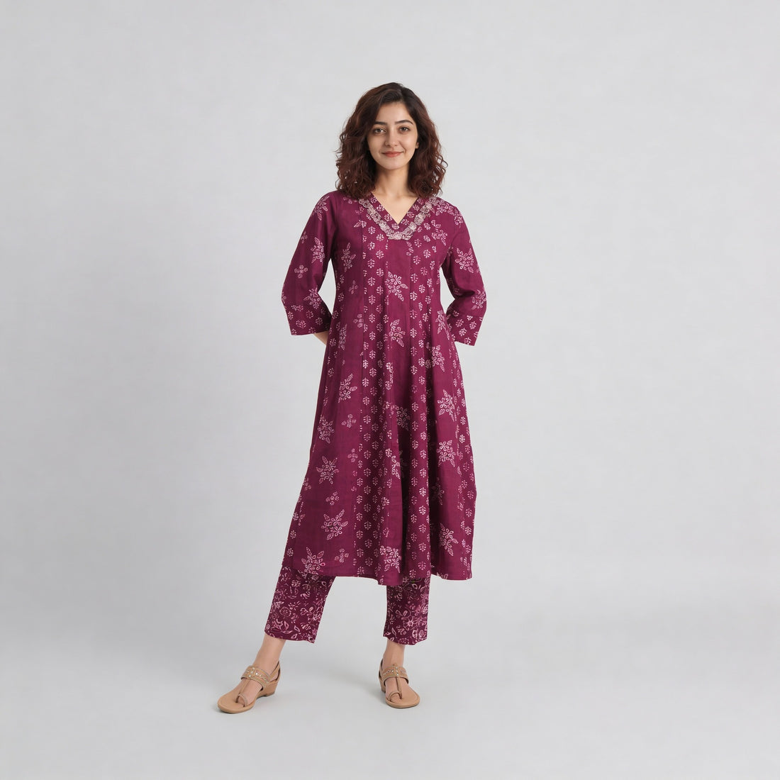 Cotton Printed V-Neck Kalidar Kurta