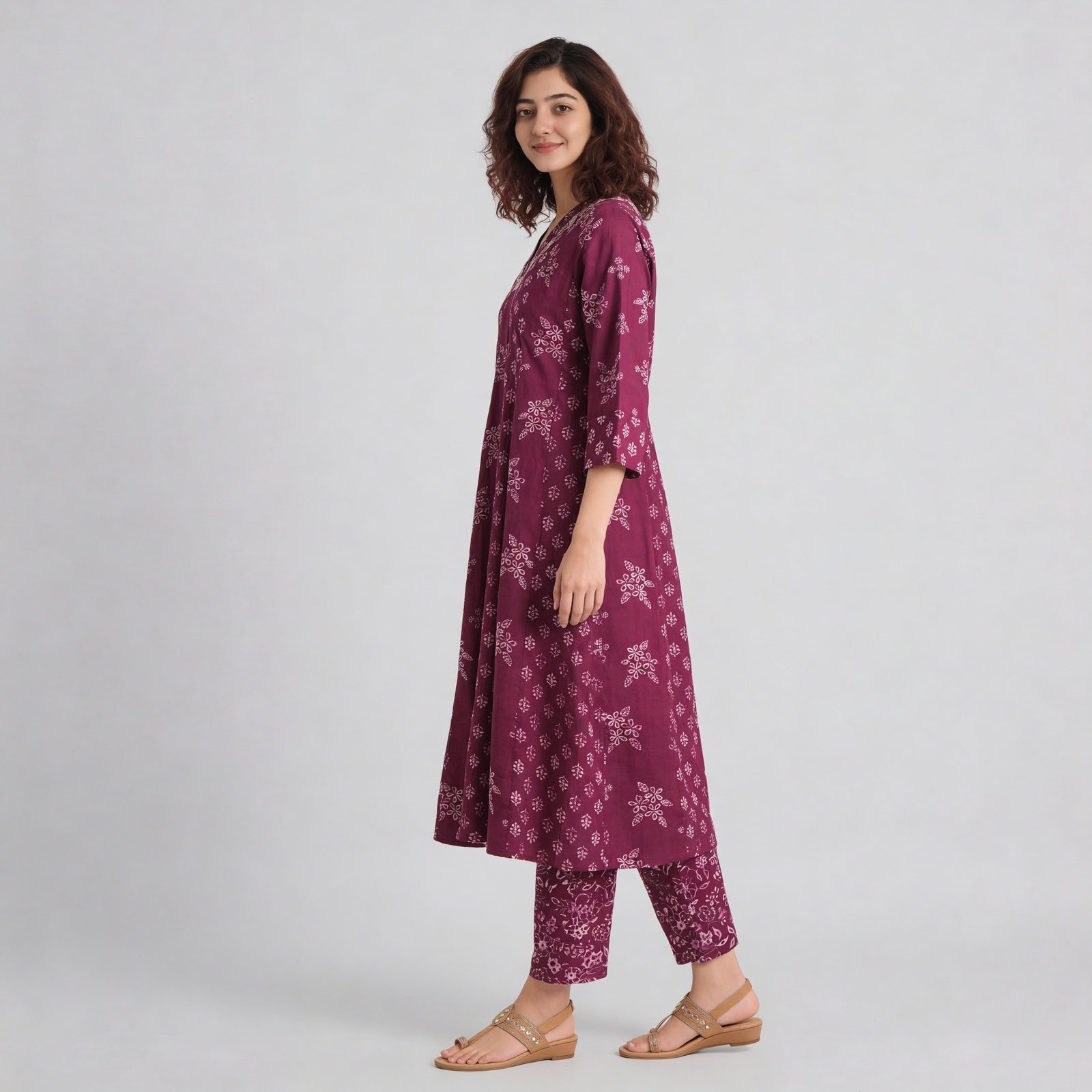 Cotton Printed V-Neck Kalidar Kurta