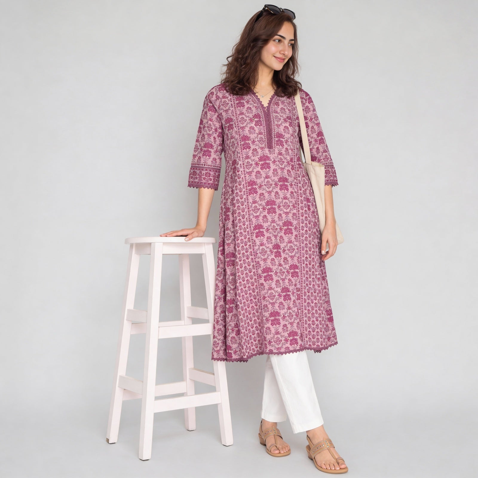 Cotton Printed V-Neck Kalidar Kurta